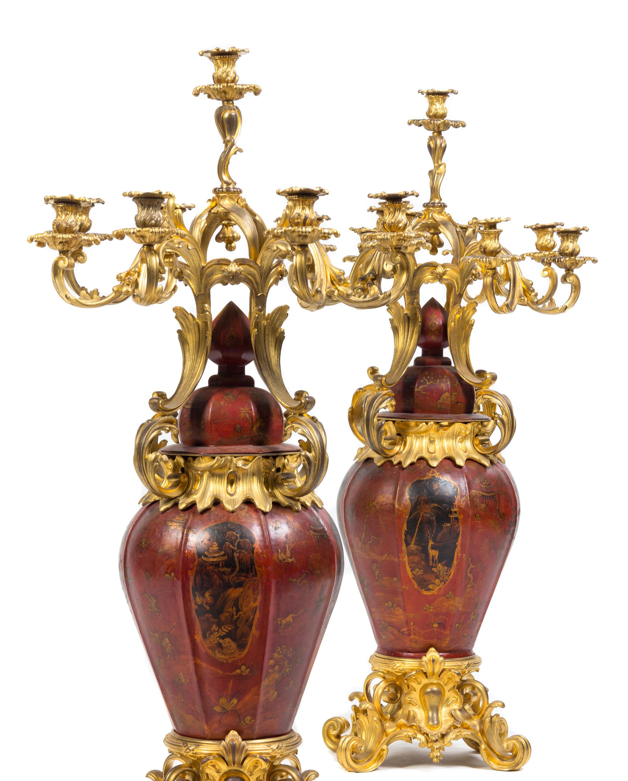 A Pair of Napoleon III Gilt Bronze Mounted Tole Nine-Light Candelabra Height 46 1/2 inches. — HENRI PICARD, 19TH CENTURY