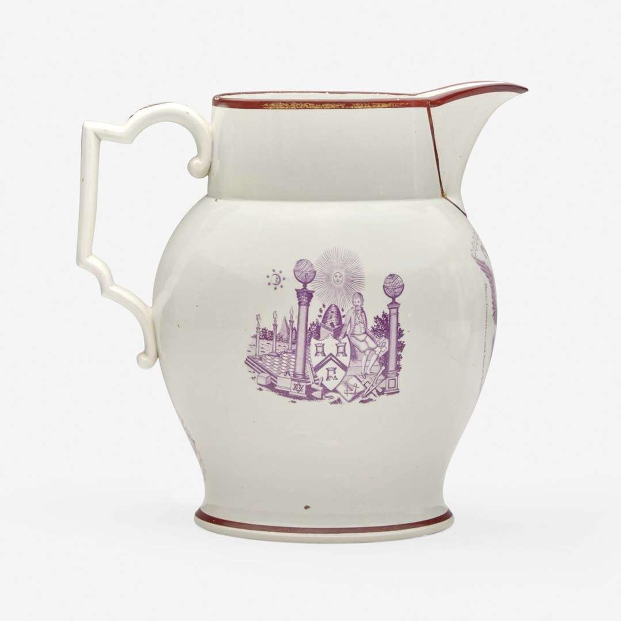 A Staffordshire enamel and transfer-decorated pearlware jug in mulberry England, dated "1804"
