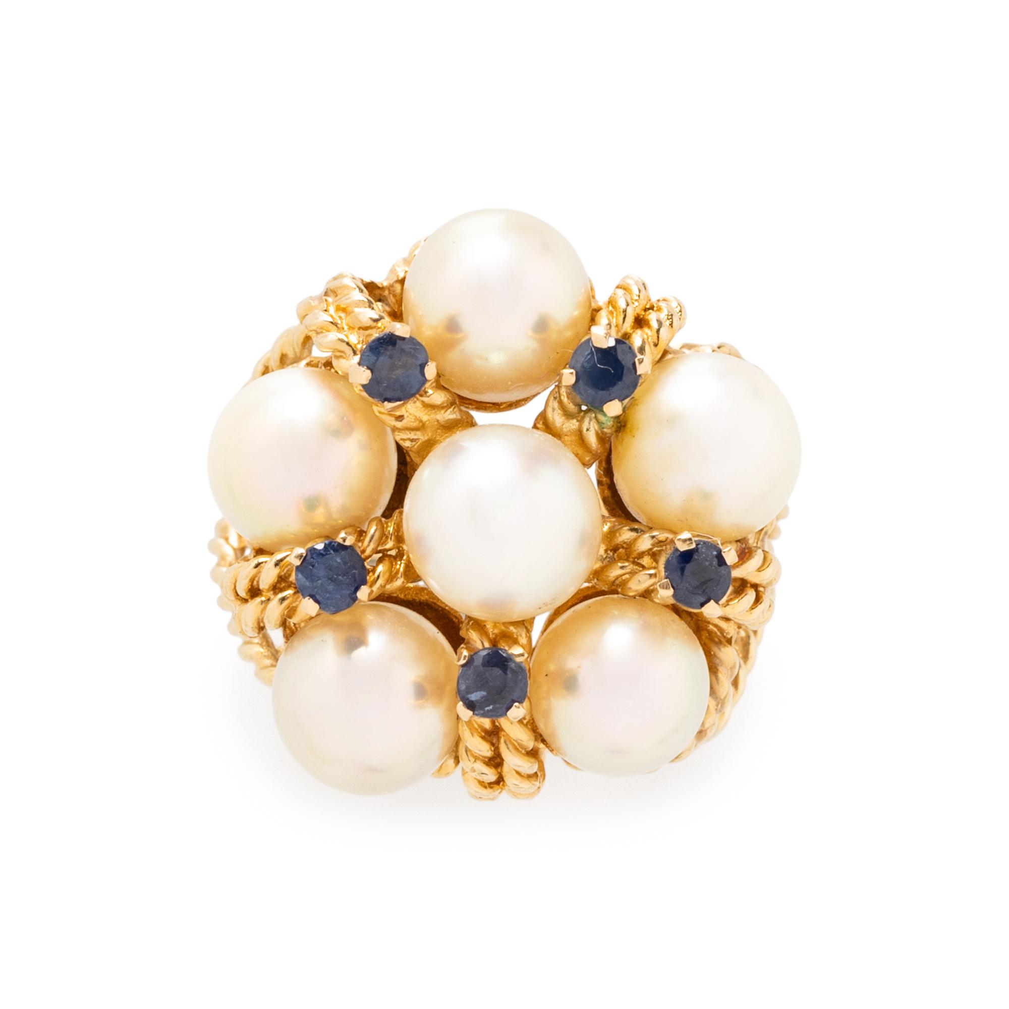 YELLOW GOLD, SAPPHIRE, AND CULTURED PEARL SET
