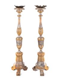 A Pair of Italian Painted and Parcel-Gilt Pricket Sticks