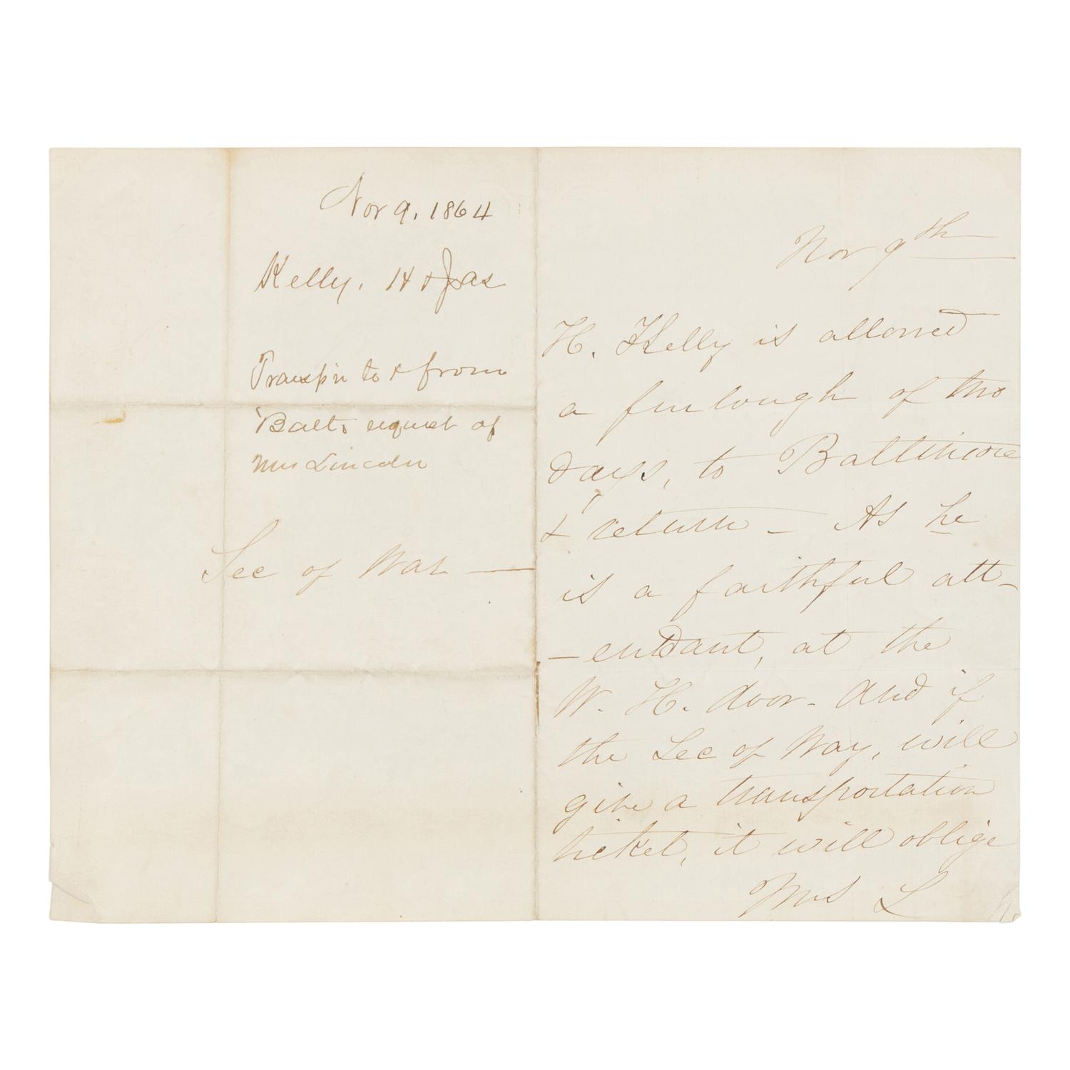 LINCOLN, Mary Todd (1818-1882). Autograph letter signed ("Mrs. L") to Secretary of War Edwin M. Stanton, [Washington, D.C.], 9 November 1864.