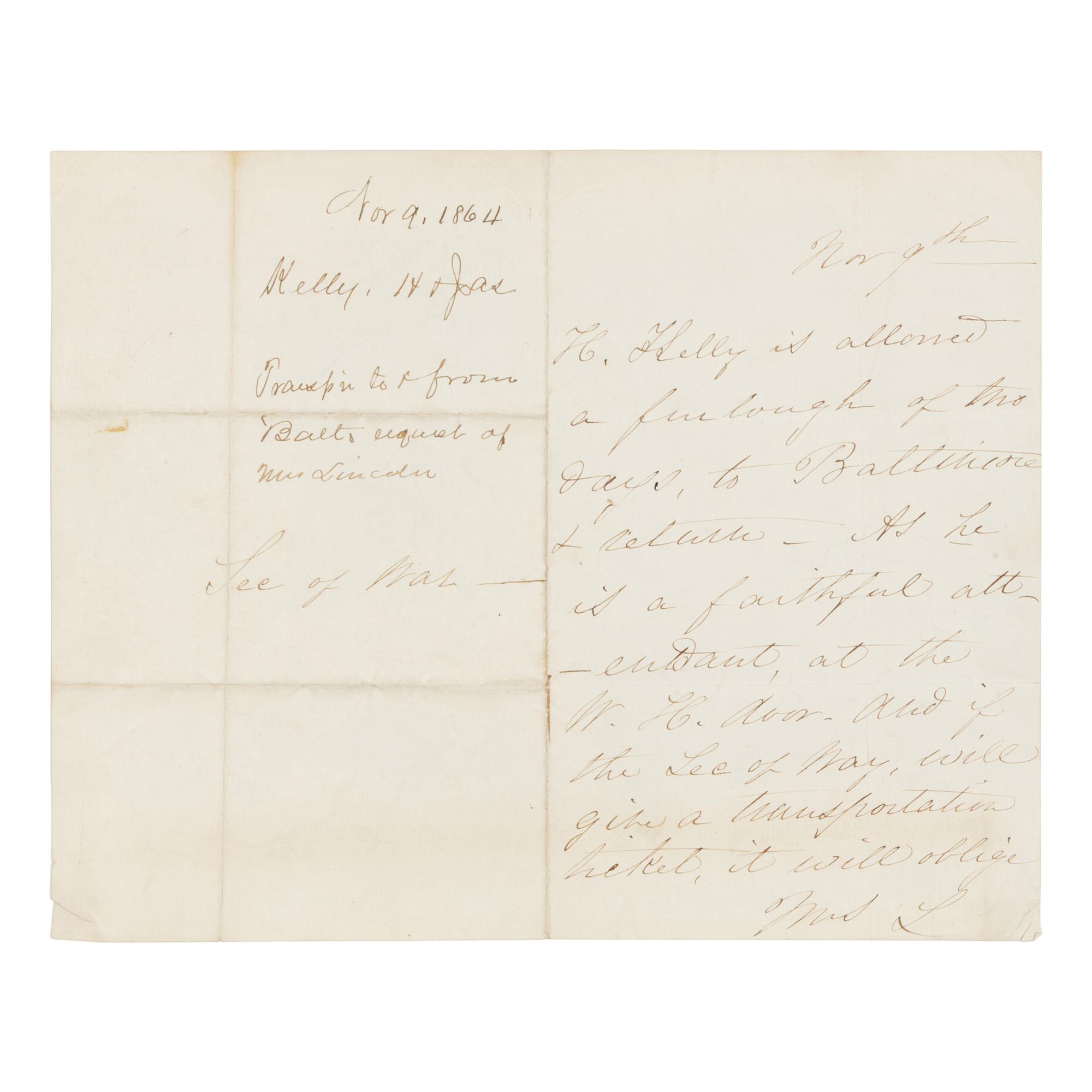 LINCOLN, Mary Todd (1818-1882). Autograph letter signed ("Mrs. L") to Secretary of War Edwin M. Stanton, [Washington, D.C.], 9 November 1864.