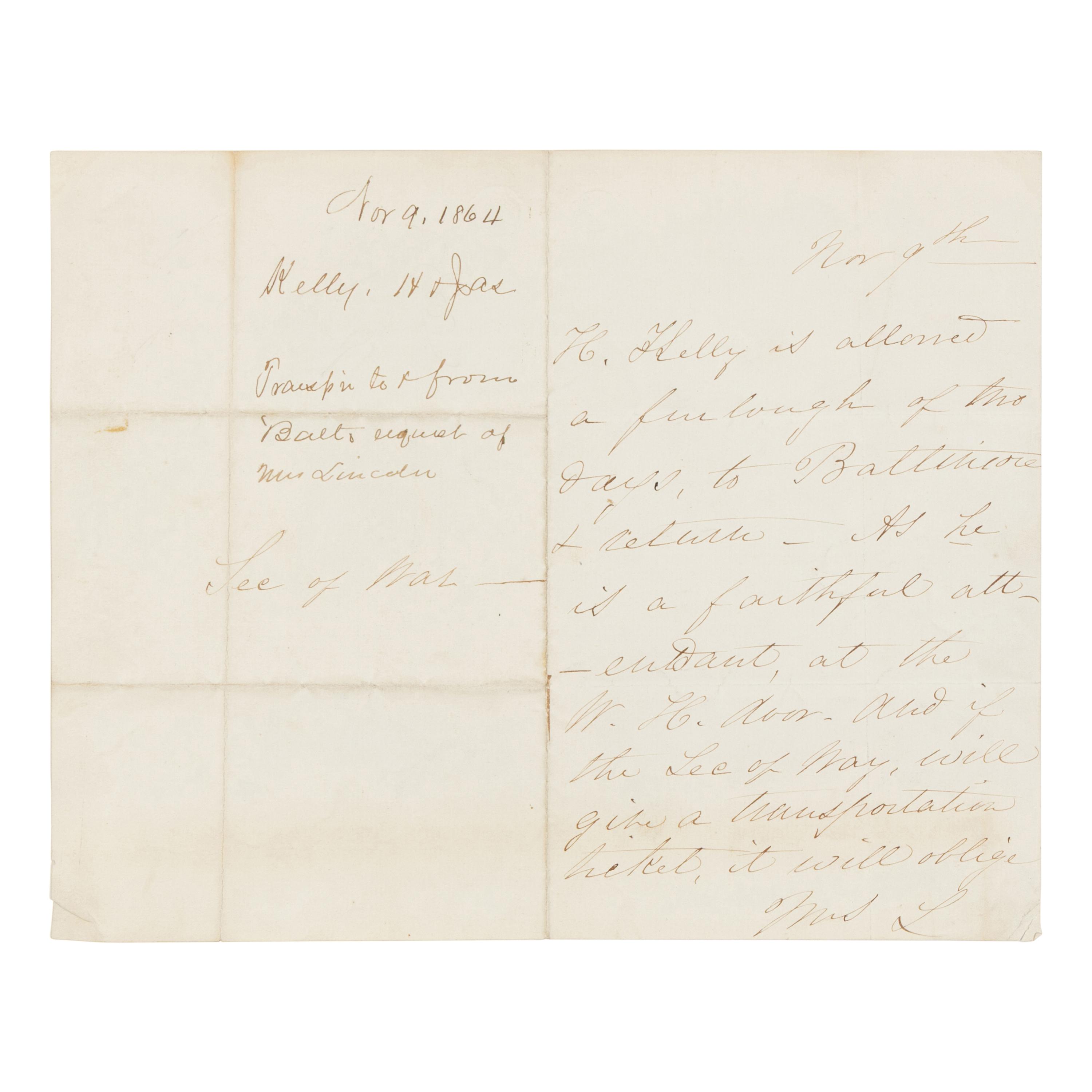 LINCOLN, Mary Todd (1818-1882). Autograph letter signed ("Mrs. L") to Secretary of War Edwin M. Stanton, [Washington, D.C.], 9 November 1864.