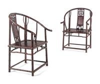 A Pair of Chinese Burlwood Inset Mixed Wood Horseshoe-Back 'Bamboo' Armchairs, Quanyi