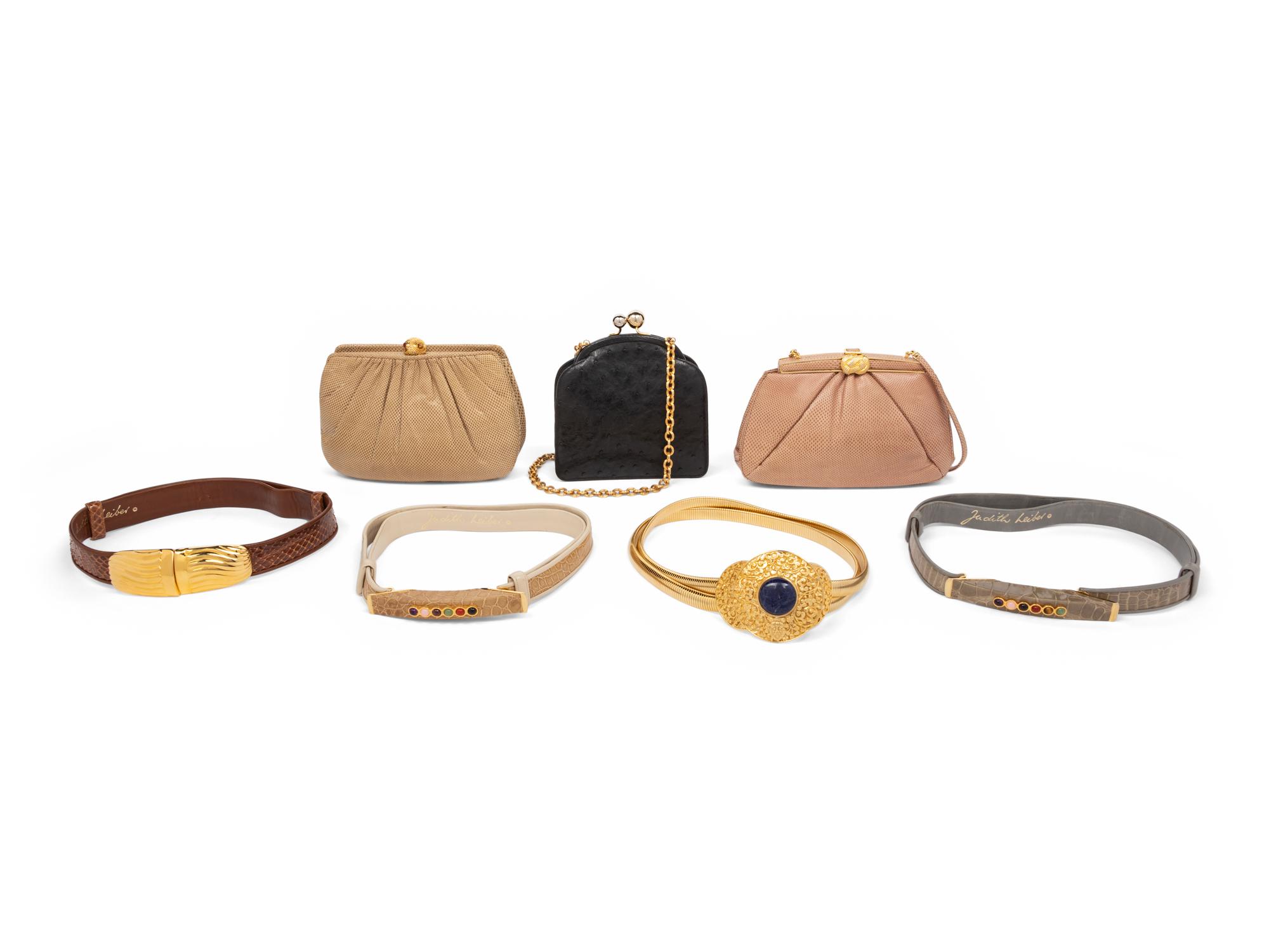 Seven Judith Leiber Items: Three Exotic Skin Bags, Four Belts, 1980-90s