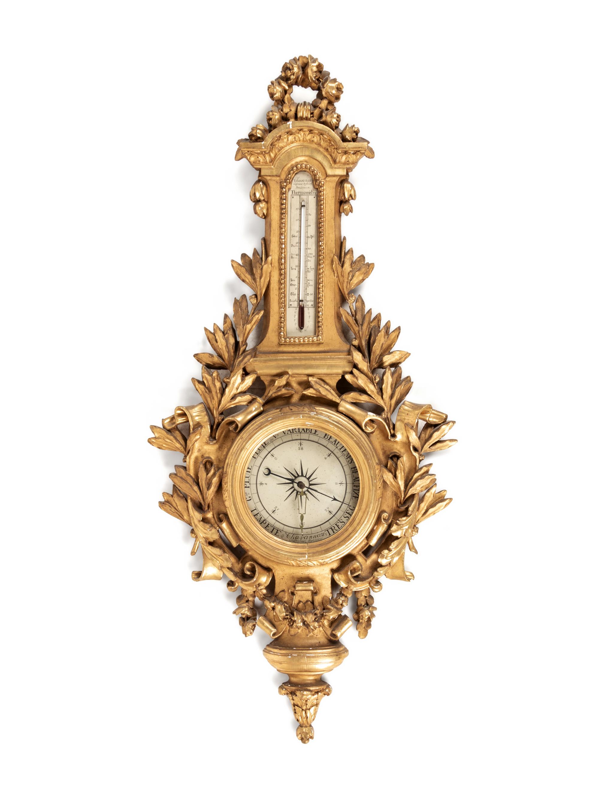 A Louis XV Style Carved Giltwood Barometer and Thermometer