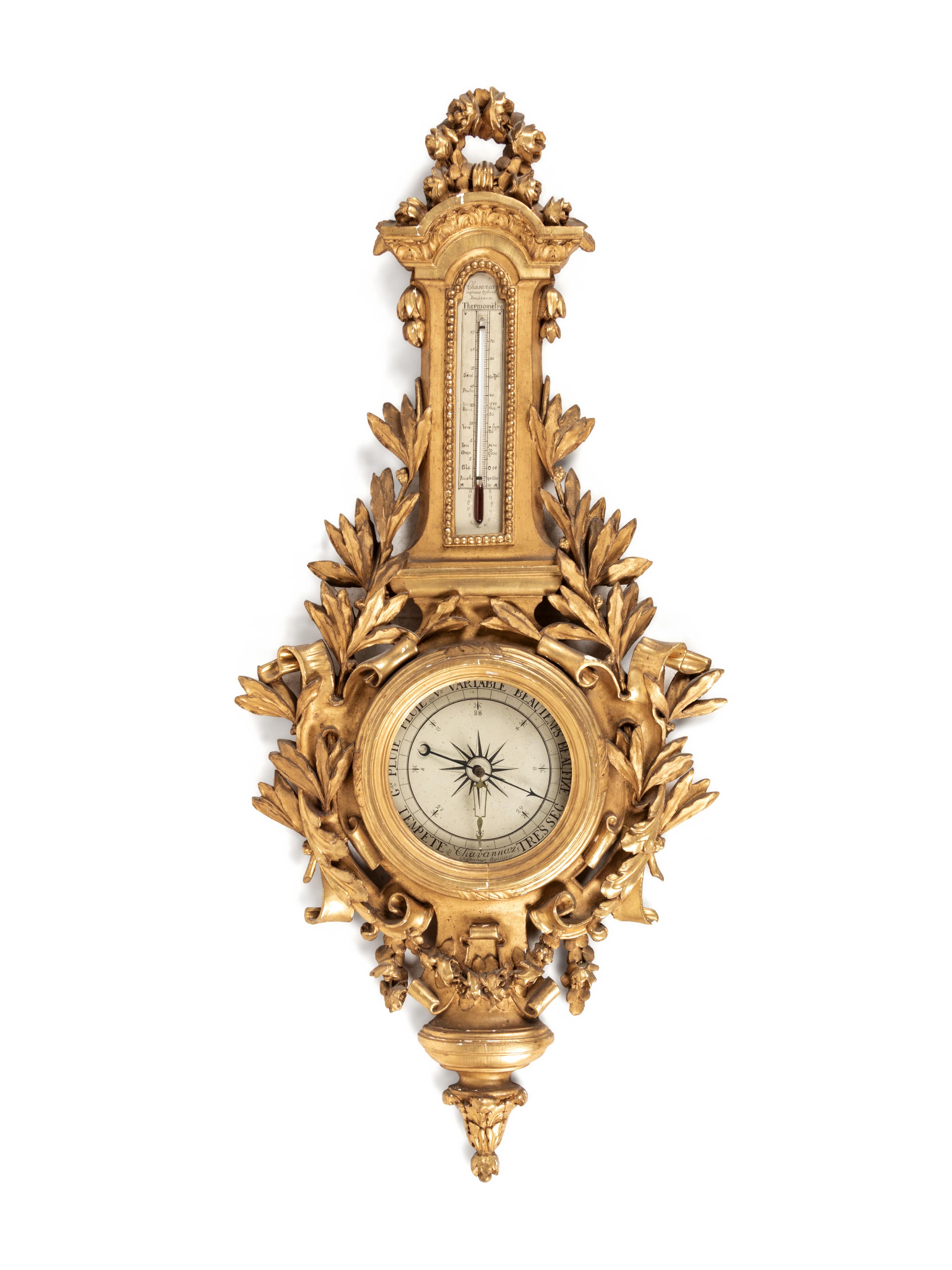 A Louis XV Style Carved Giltwood Barometer and Thermometer