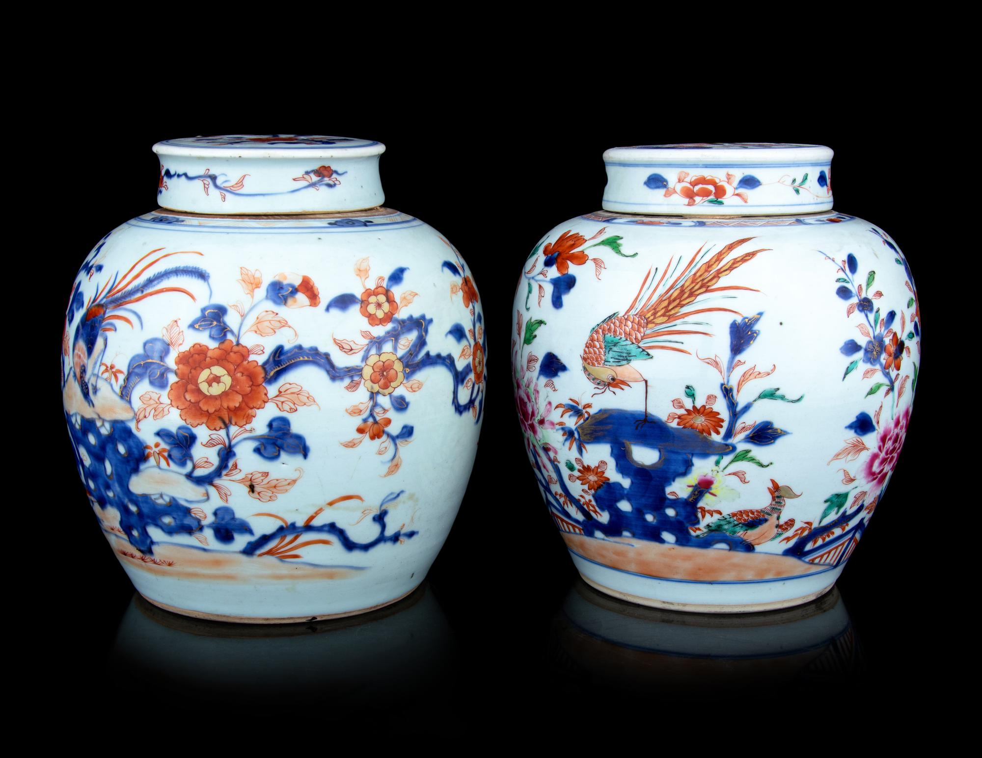 A Pair of Chinese Export Imari and Famille Rose Porcelain Covered Jars and a Flori-Form Plate