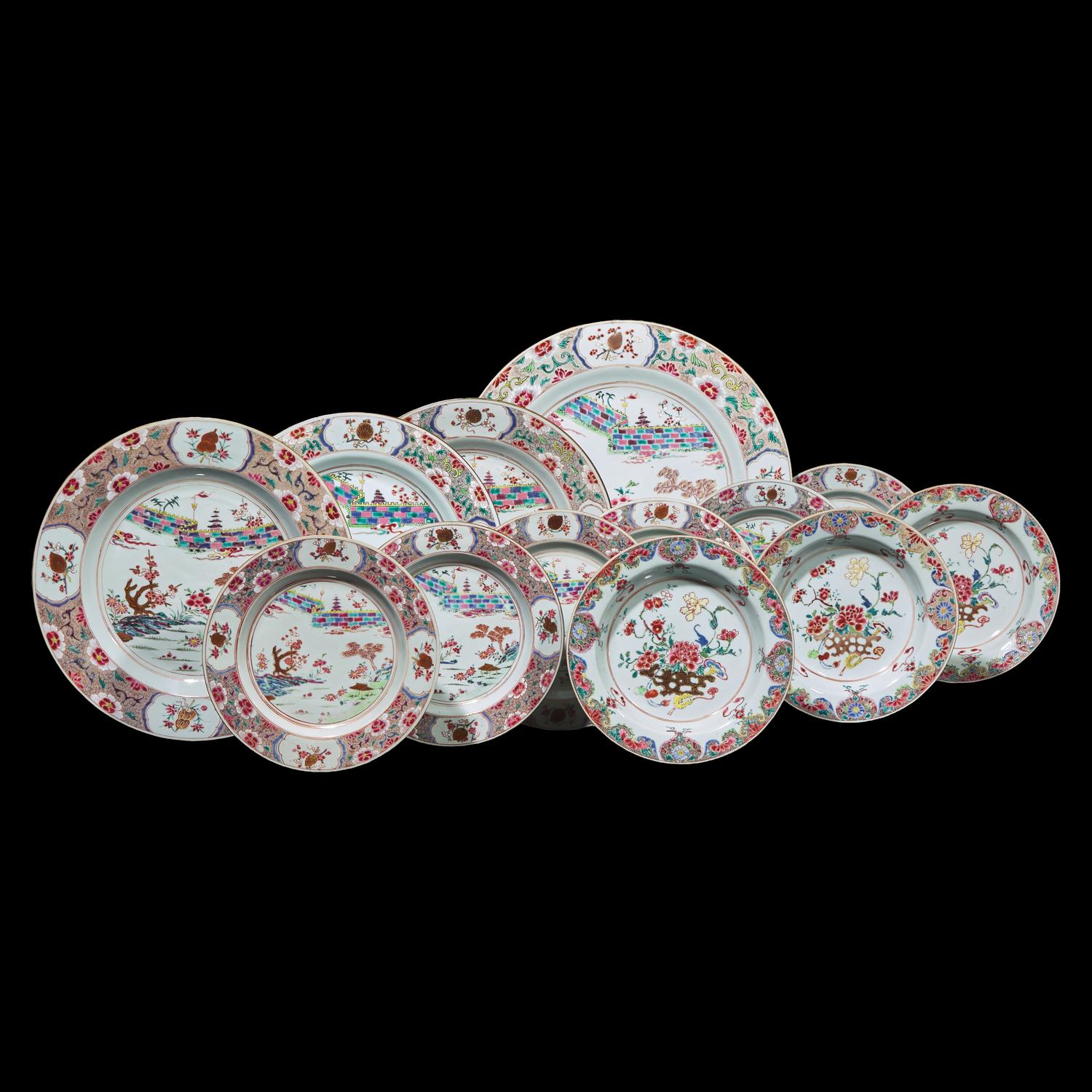 Thirteen Chinese Export Famille Rose Porcelain Dishes, 18th Century 清中期 外銷粉彩賞盤十三件