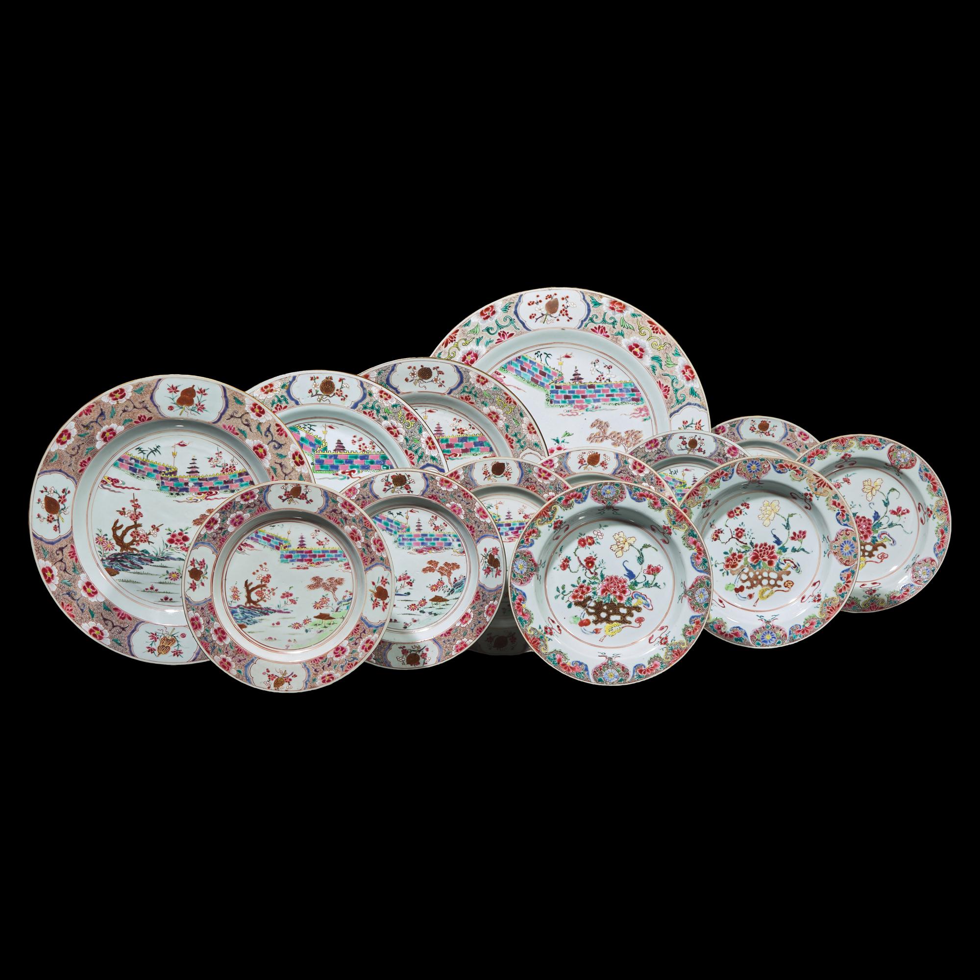 Thirteen Chinese Export Famille Rose Porcelain Dishes, 18th Century 清中期 外銷粉彩賞盤十三件