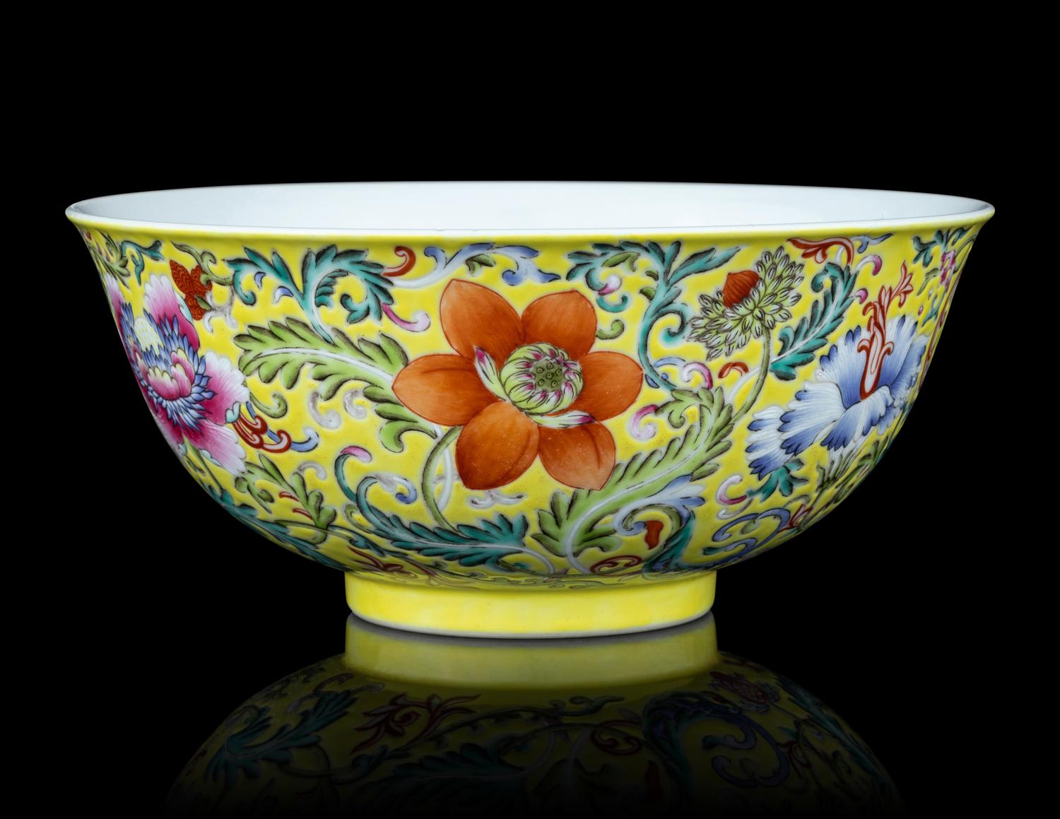 A Yellow-Ground Famille Rose Porcelain 'Floral' Bowl