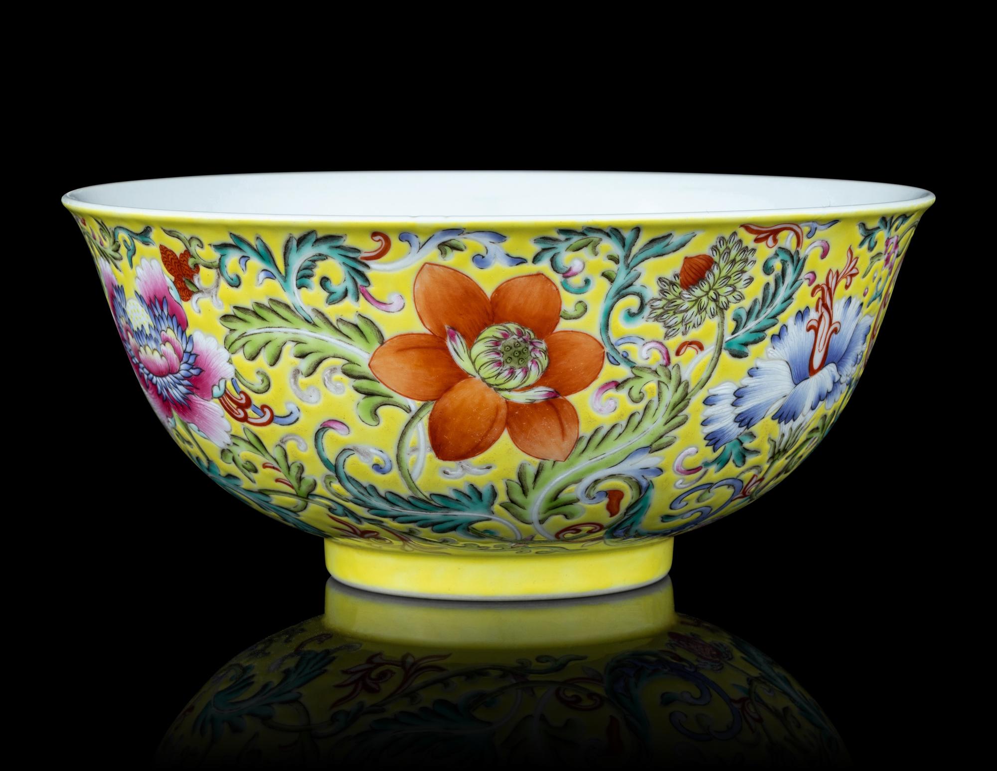 A Yellow-Ground Famille Rose Porcelain 'Floral' Bowl