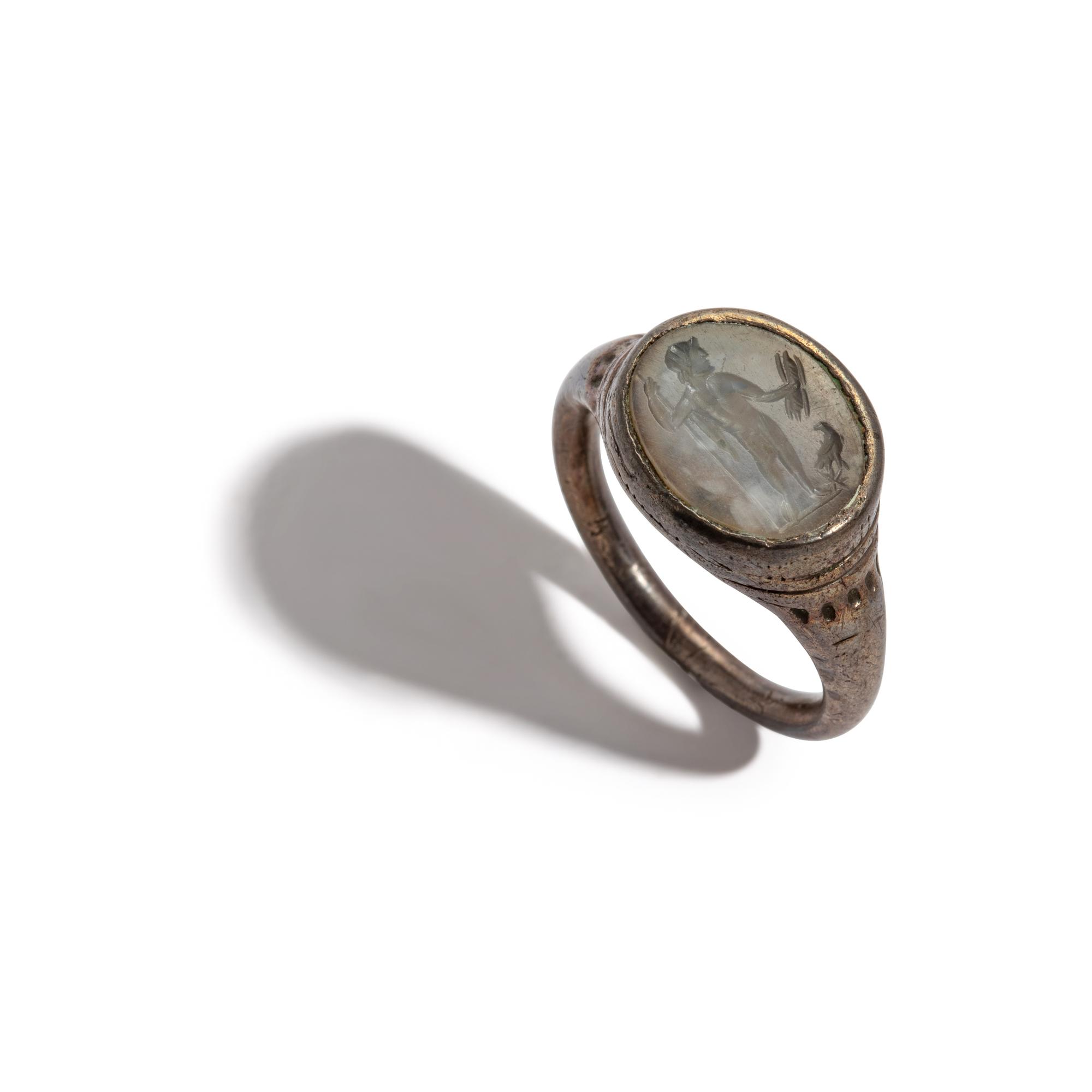 A Roman Silver and Chalcedony Finger Ring with the God Jupiter