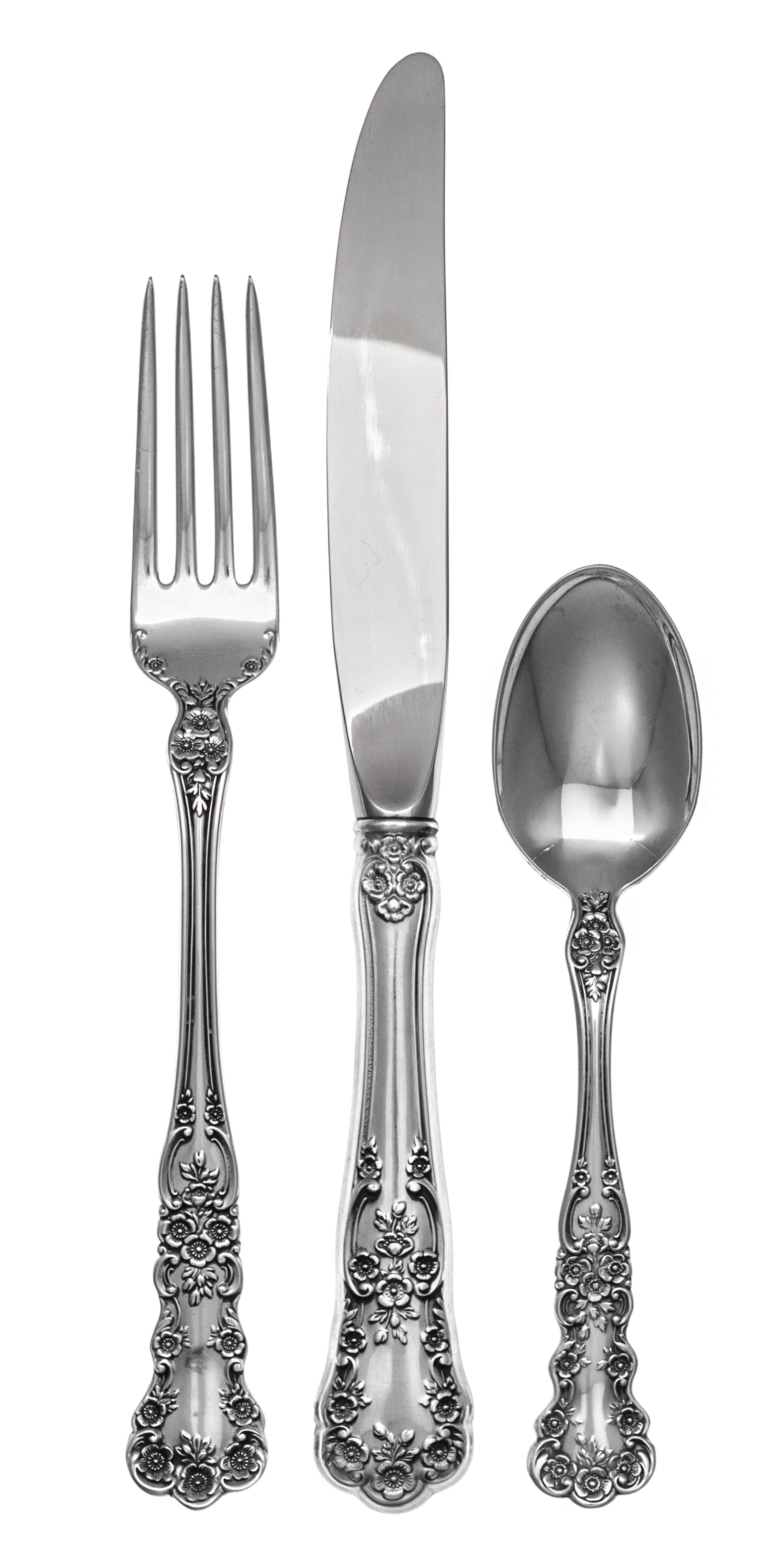 An American Silver Flatware Service, Gorham Mfg. Co., Providence, RI, Blossom pattern, comprising: 12 dinner knives 12 dinner forks 12
