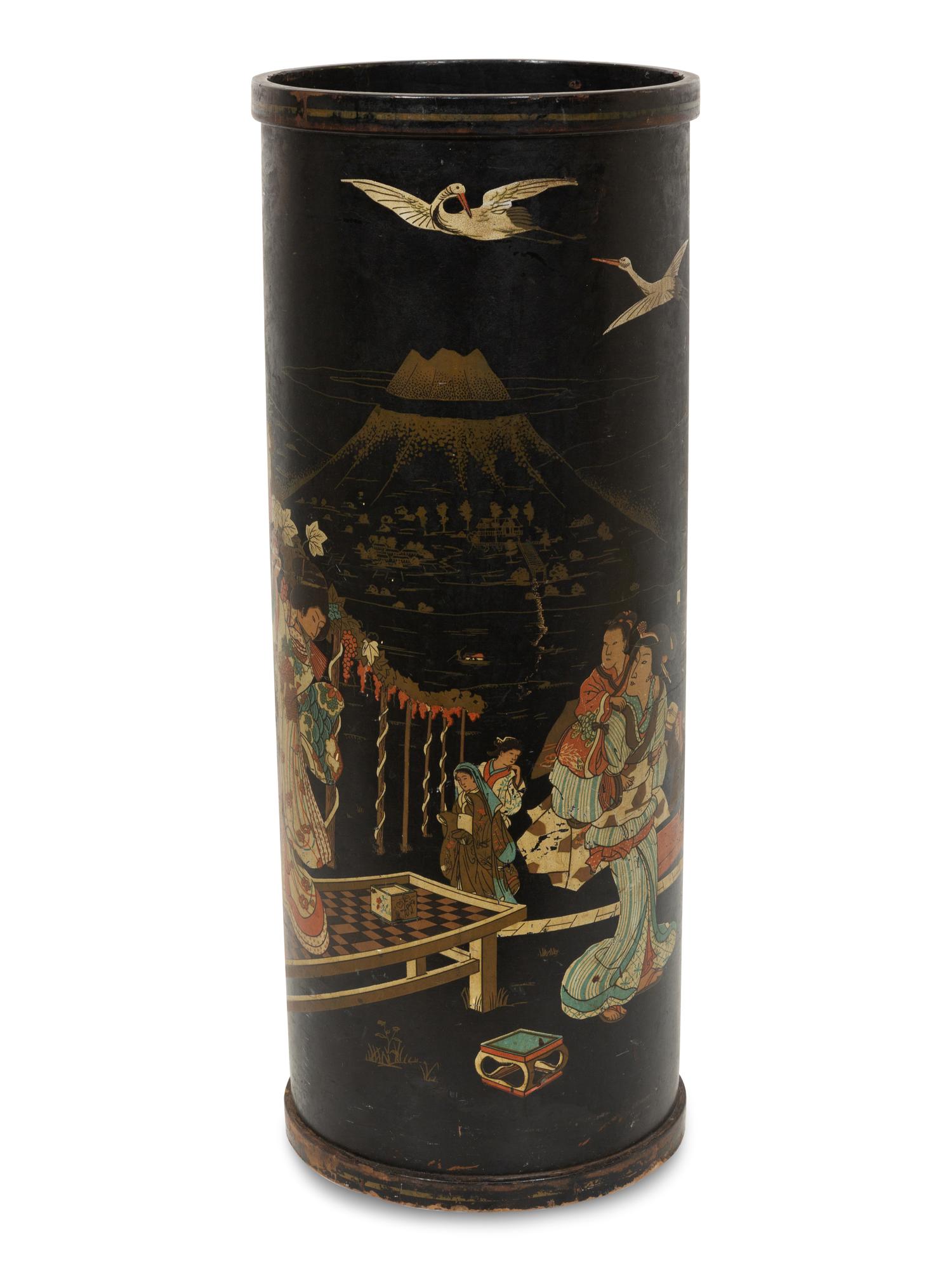 A Japanese Black and Polychrome Lacquer Umbrella Jar
