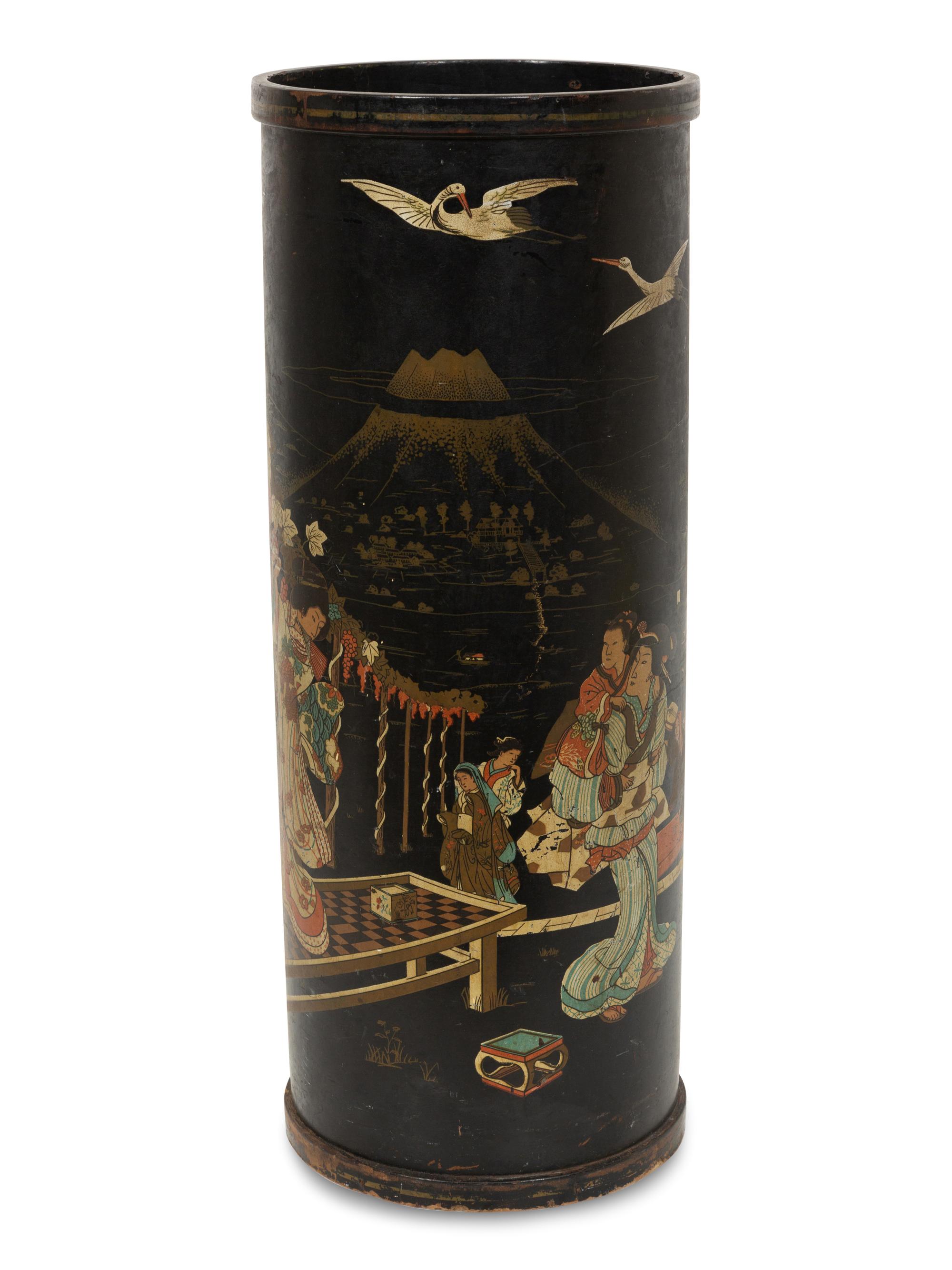 A Japanese Black and Polychrome Lacquer Umbrella Jar