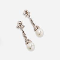 A Pair of 14K White Gold, Pearl, and Diamond Earrings
