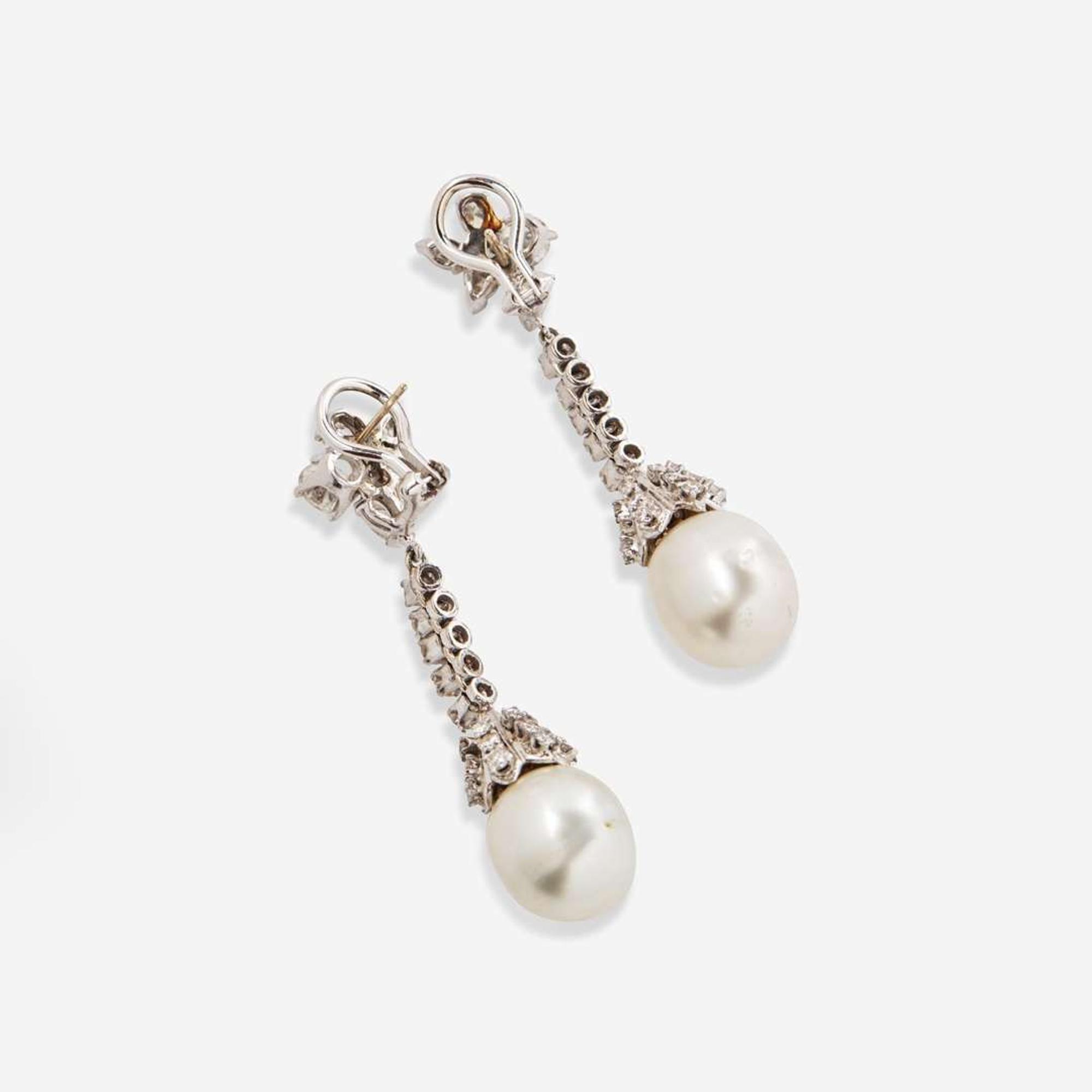 A Pair of 14K White Gold, Pearl, and Diamond Earrings