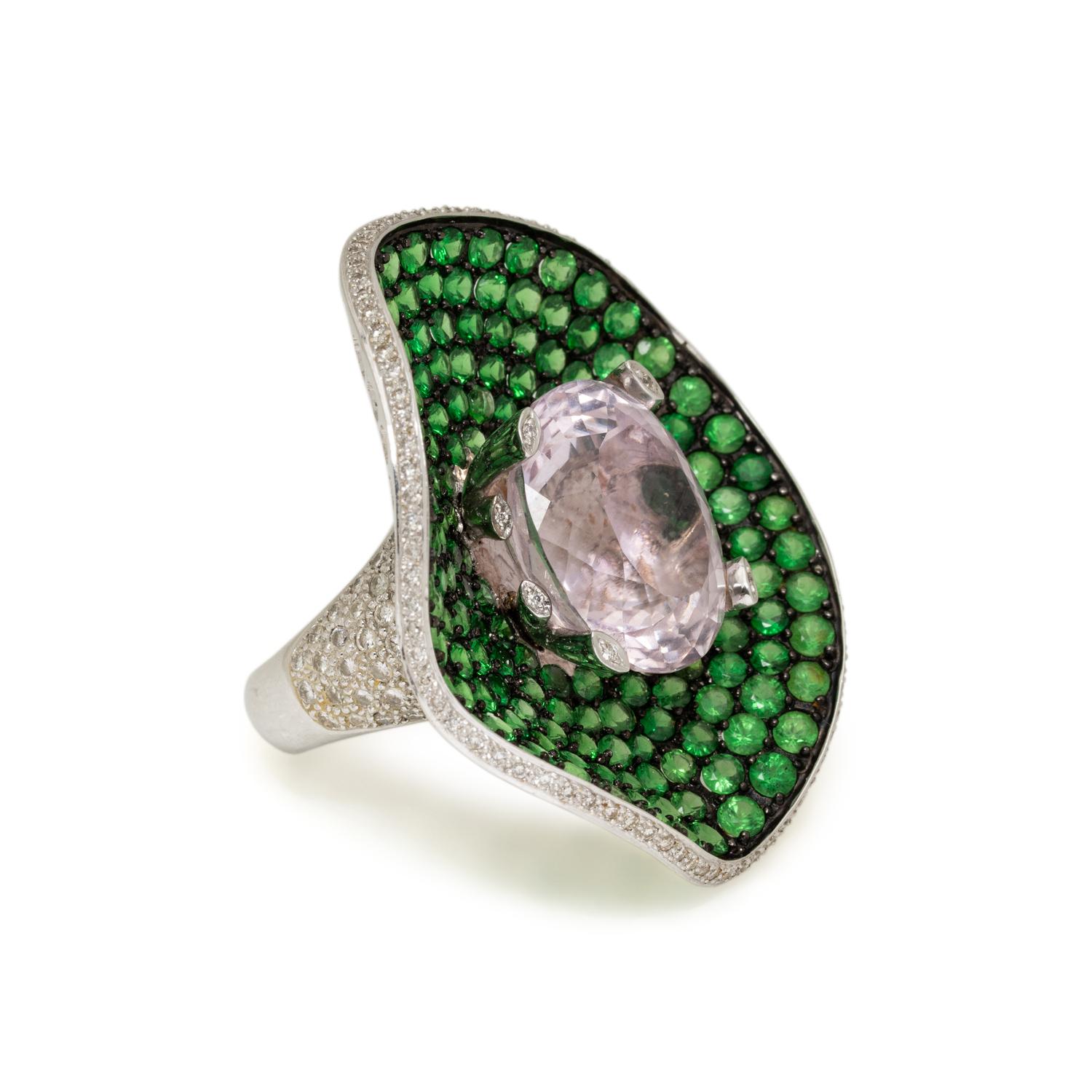 KUNZITE, TSAVORITE GARNET, AND DIAMOND LILY PAD RING