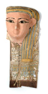 An Egyptian Painted Wood Sarcophagus Mask, Height 30 inches.