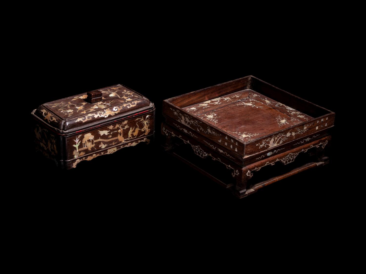 Two Mother-of-Pearl Inlaid Hardwood Scholar's Articles