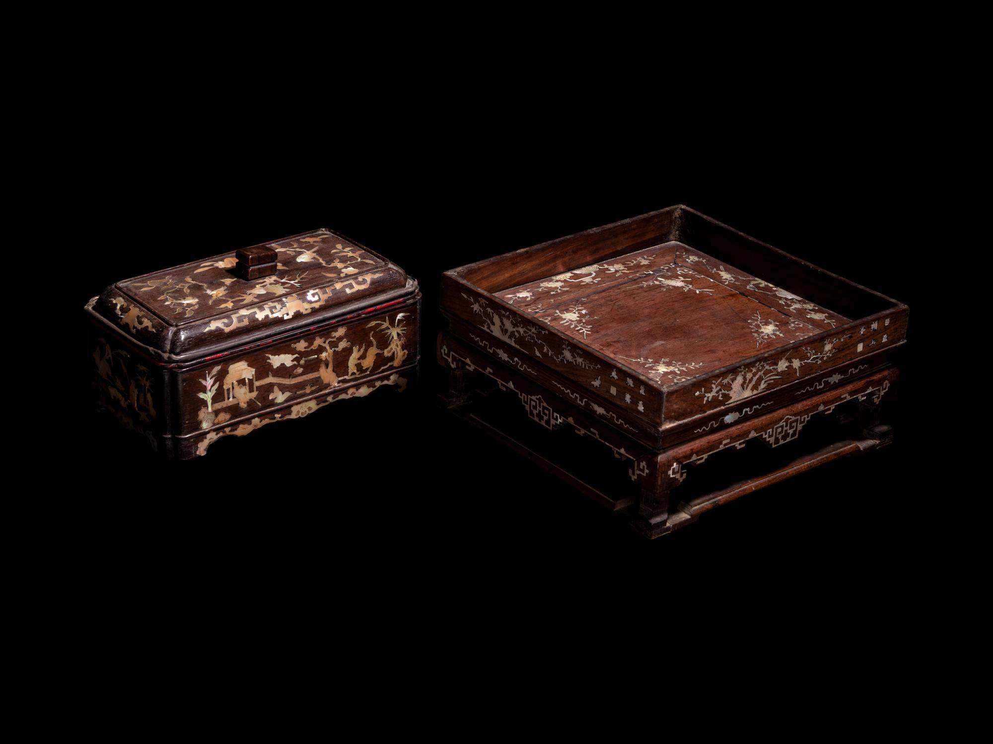 Two Mother-of-Pearl Inlaid Hardwood Scholar's Articles
