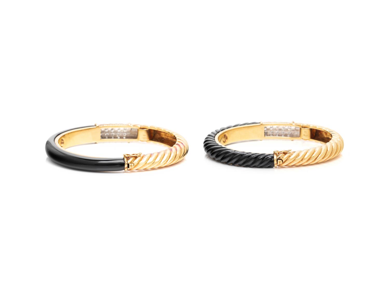 PAIR OF YELLOW GOLD, DIAMOND AND ONYX BANGLE BRACELETS