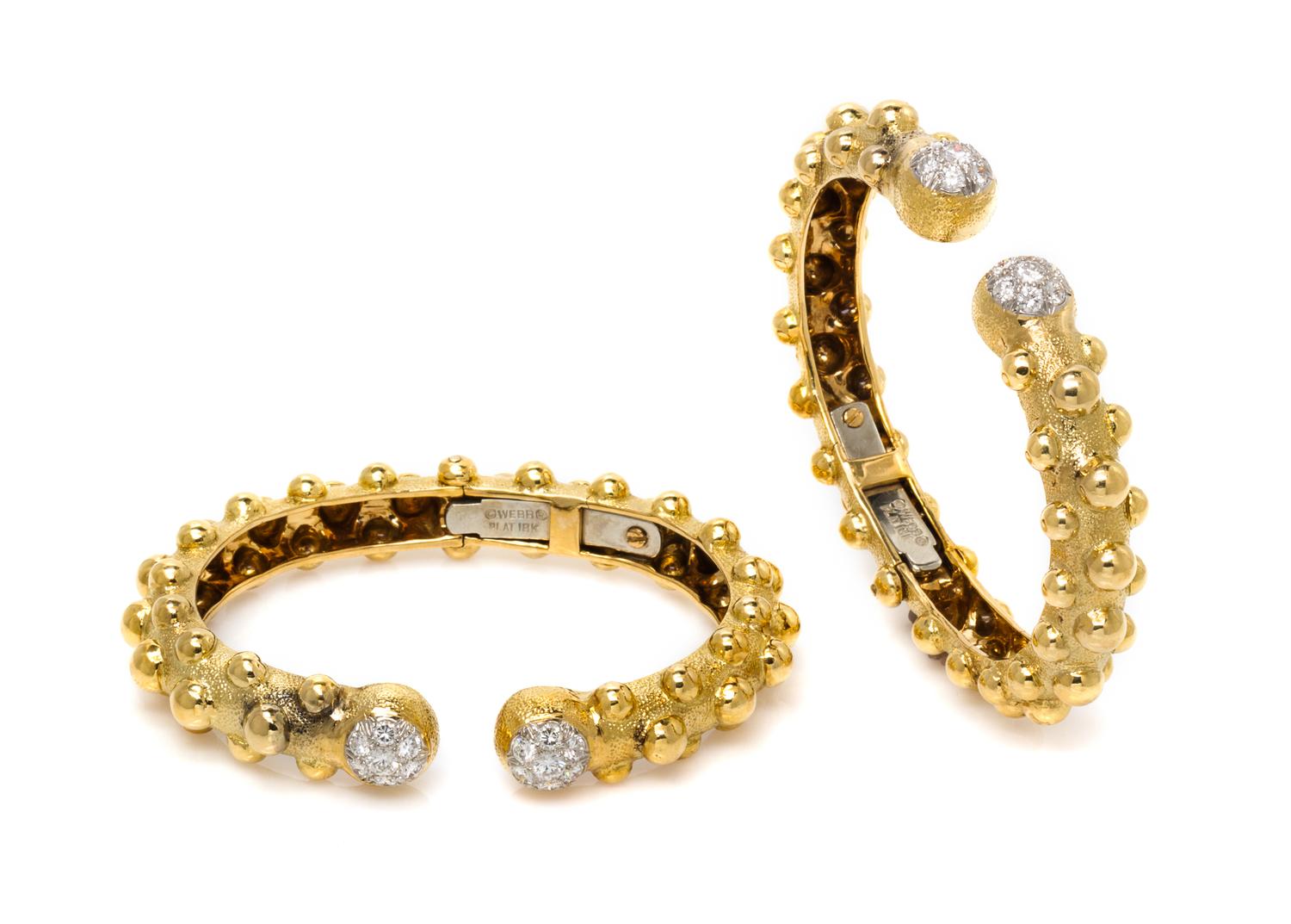 A Pair of 18 Karat Yellow Gold, Platinum and Diamond Bangle Bracelets, David Webb, 26.20 dwts.