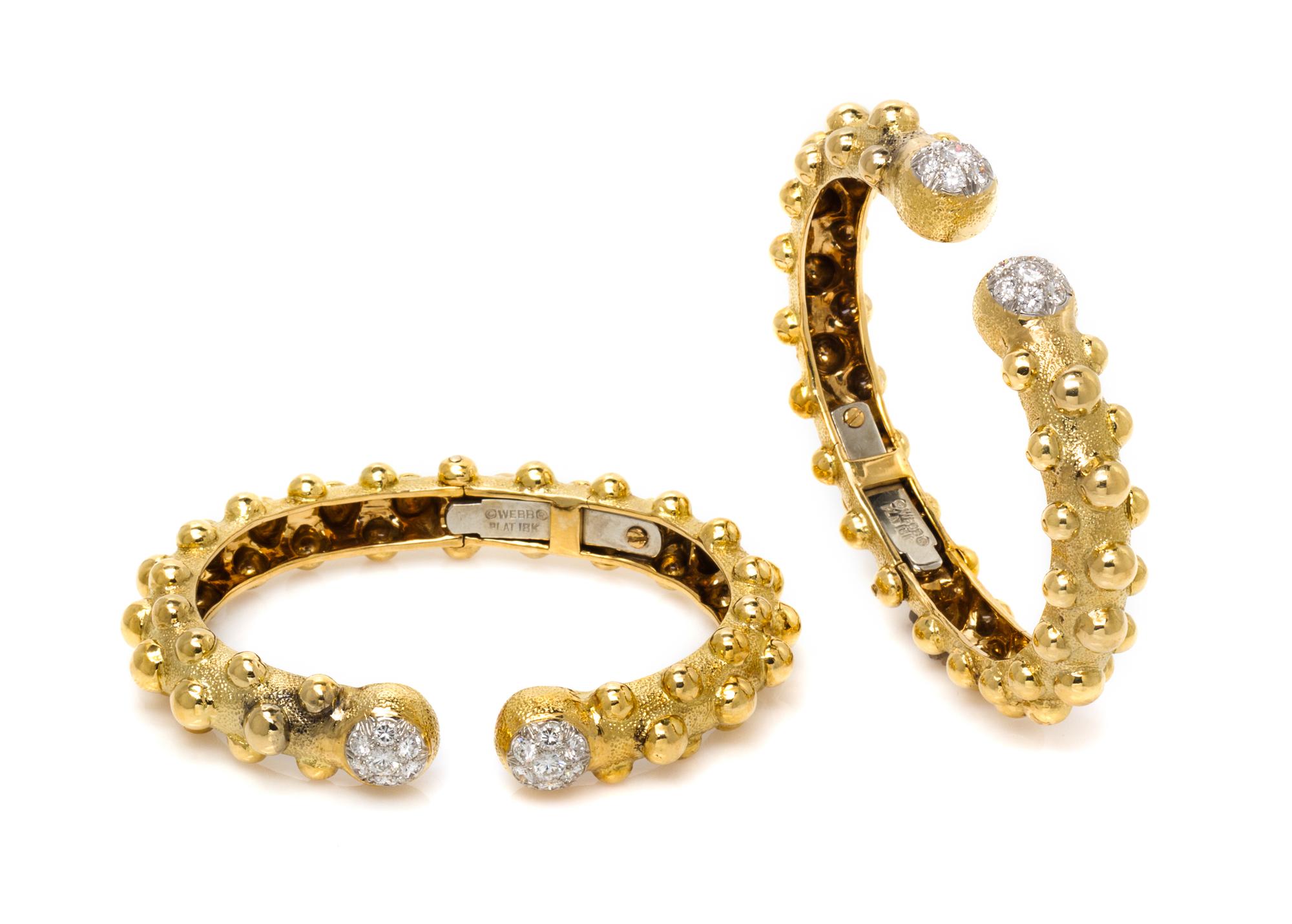 A Pair of 18 Karat Yellow Gold, Platinum and Diamond Bangle Bracelets, David Webb, 26.20 dwts.
