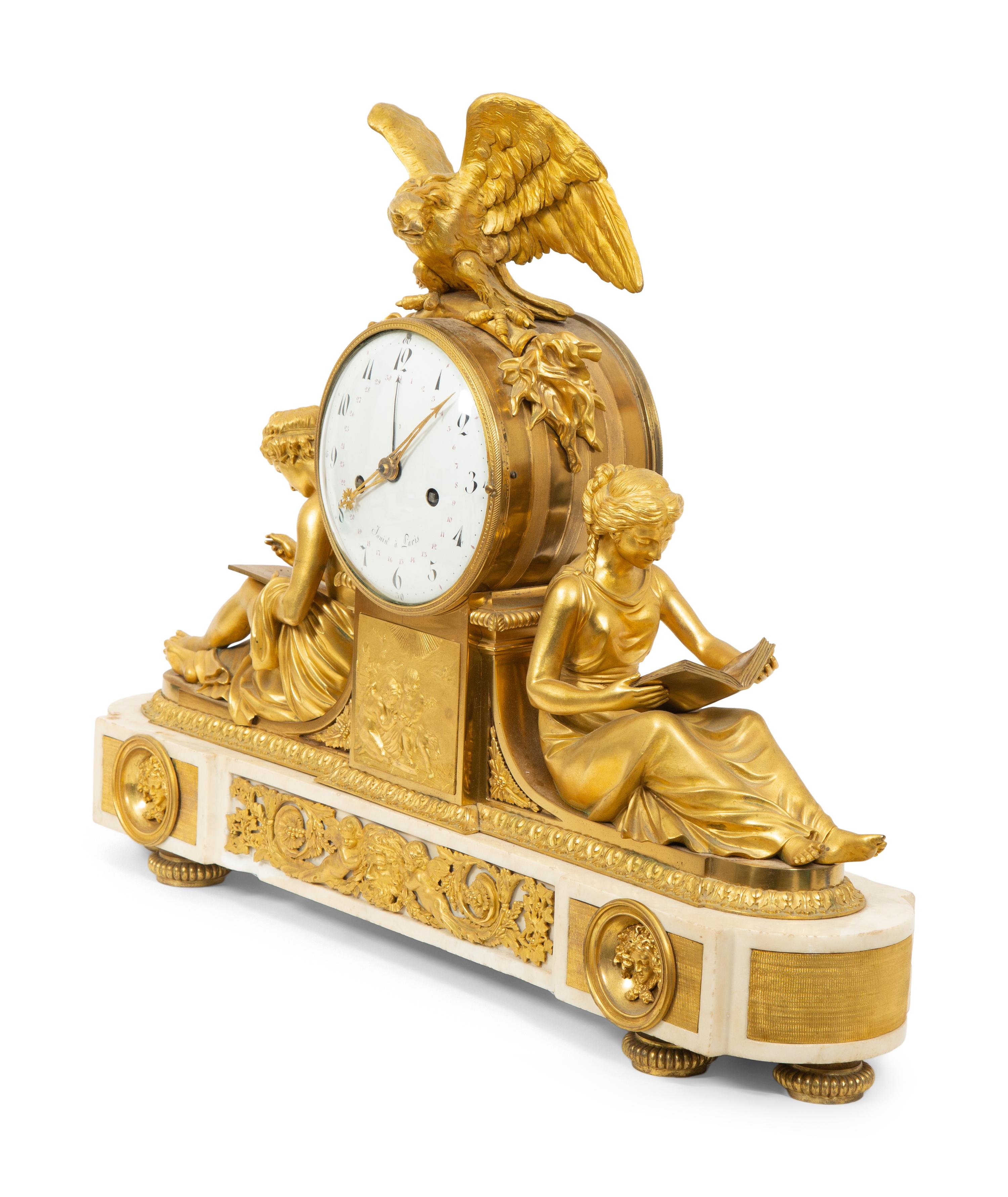 A Late Louis XVI Gilt Bronze and Marble Mantel Clock