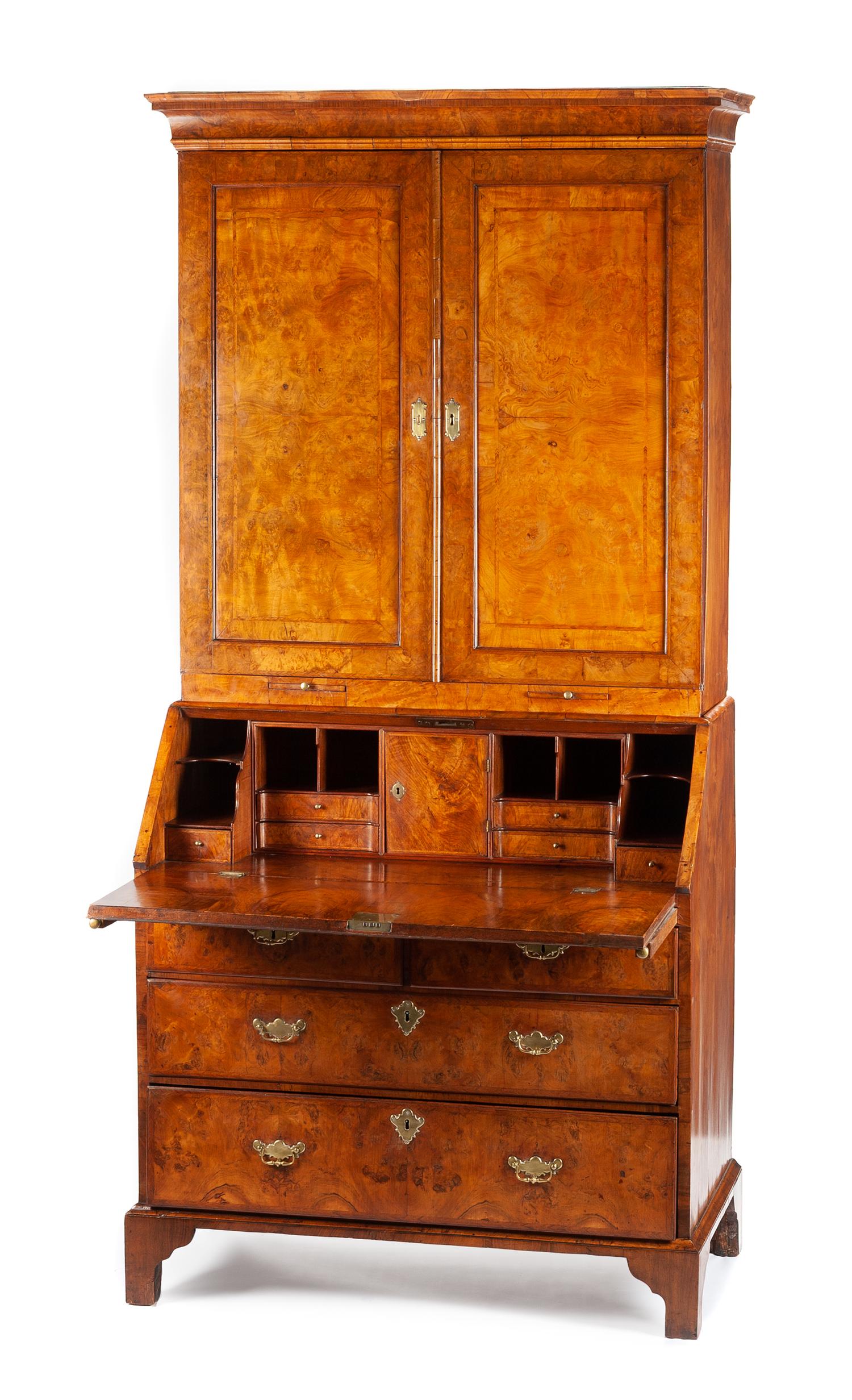 A George III Burl Walnut Secretary Bookcase Height 88 x width 40 1/2 x depth 23 inches. — CIRCA 1800