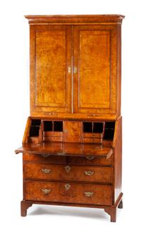 A George III Burl Walnut Secretary Bookcase Height 88 x width 40 1/2 x depth 23 inches. — CIRCA 1800