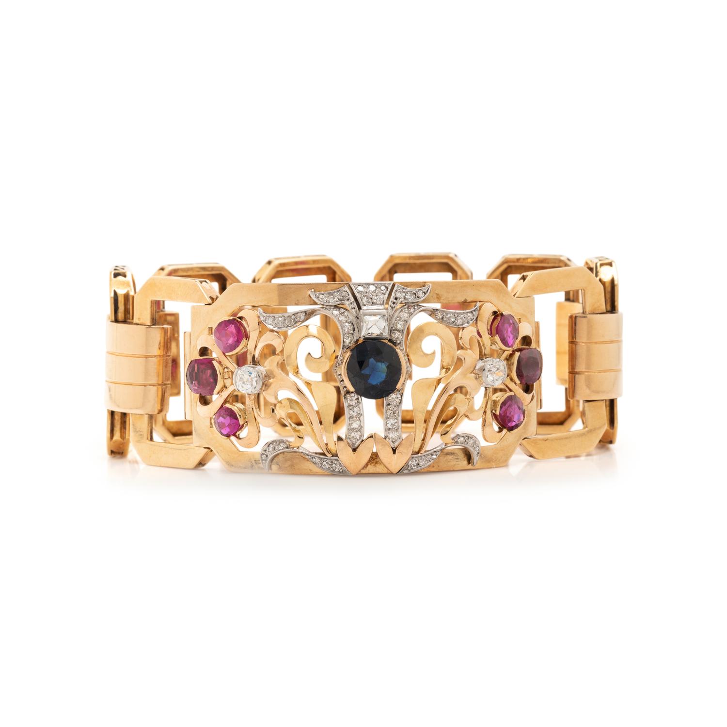 YELLOW GOLD, RUBY, SAPPHIRE AND DIAMOND BRACELET