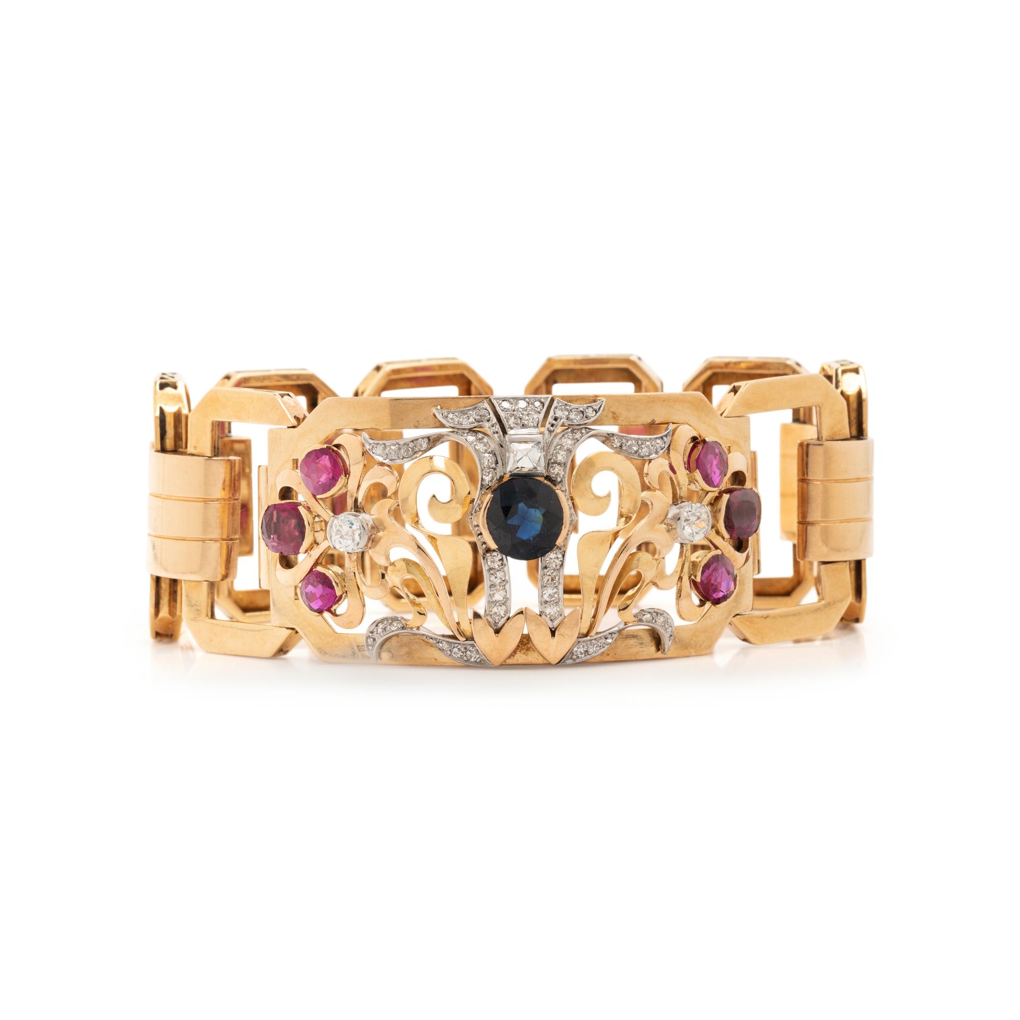 YELLOW GOLD, RUBY, SAPPHIRE AND DIAMOND BRACELET