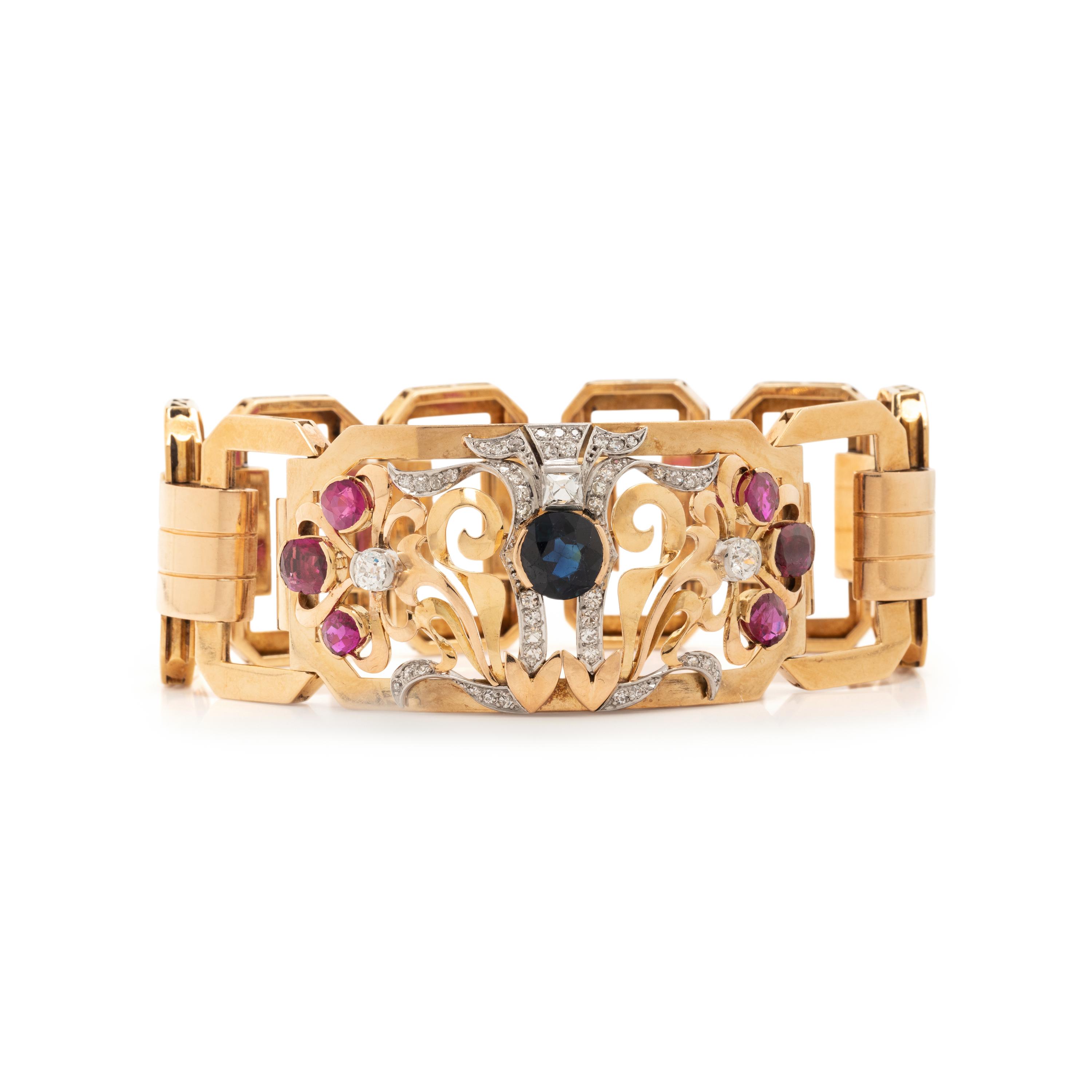 YELLOW GOLD, RUBY, SAPPHIRE AND DIAMOND BRACELET