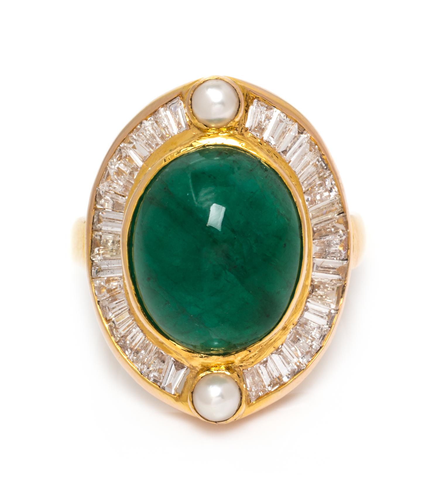 A Yellow Gold, Emerald, Diamond and Cultured Pearl Ring, 6.30 dwts.
