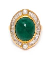 A Yellow Gold, Emerald, Diamond and Cultured Pearl Ring, 6.30 dwts.