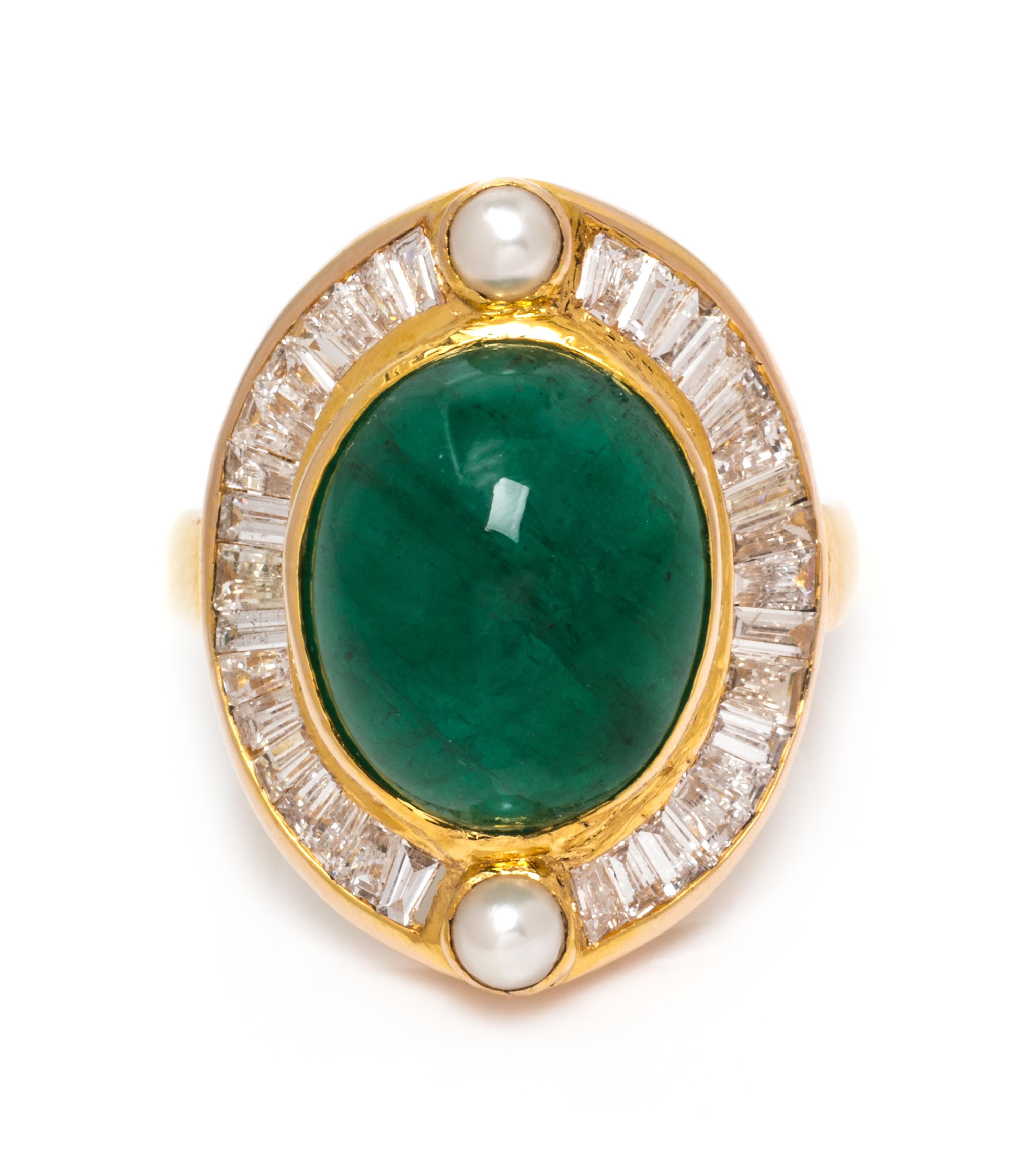 A Yellow Gold, Emerald, Diamond and Cultured Pearl Ring, 6.30 dwts.