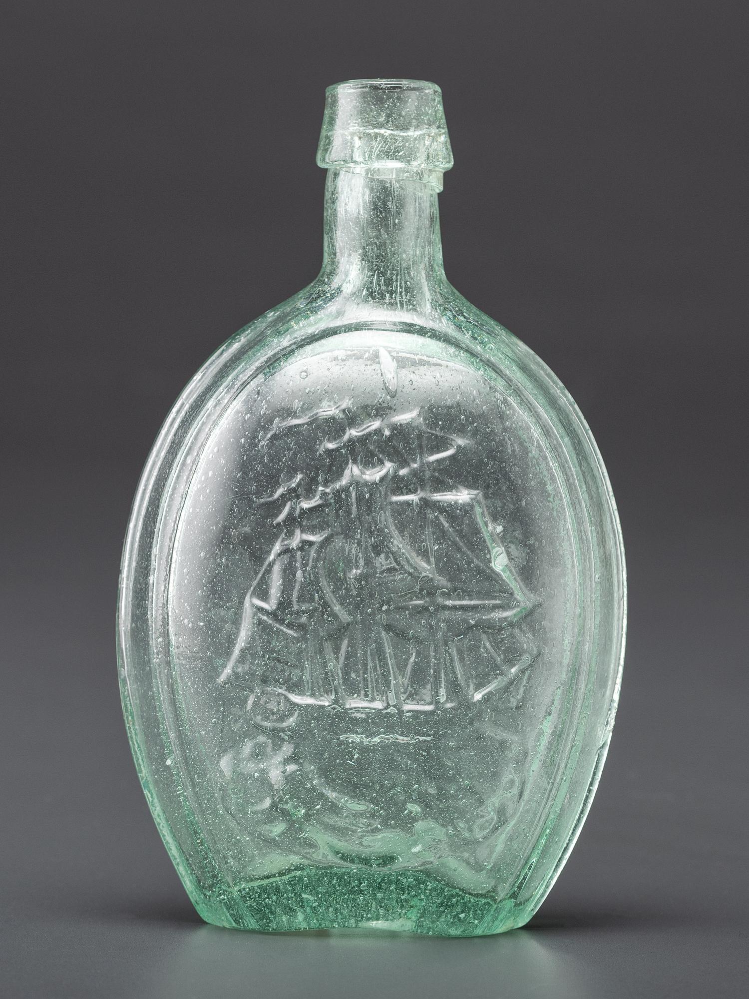 A Molded-Glass New York Flask in Aqua by Albany Glass Works