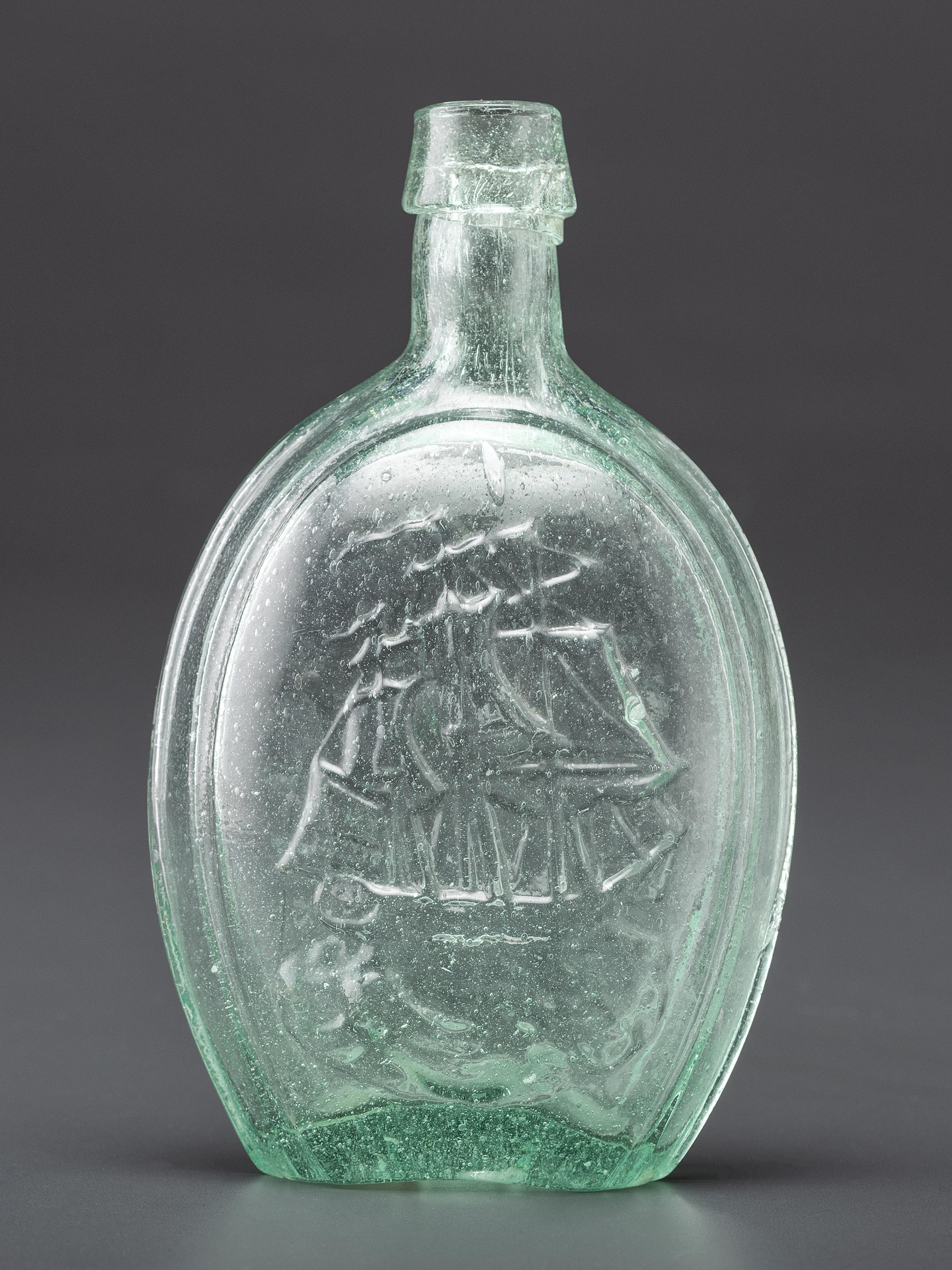A Molded-Glass New York Flask in Aqua by Albany Glass Works