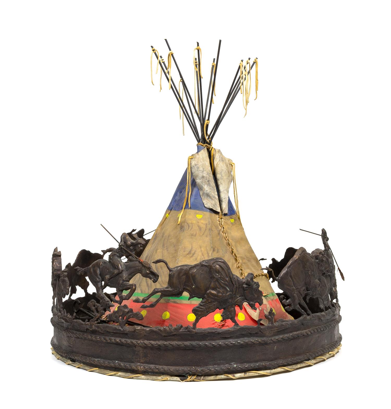 A Molesworth Style Bronze and Hide Chandelier, Peter M. Fillerup (American, 1953-2016) Height 48 x diameter 36 inches.