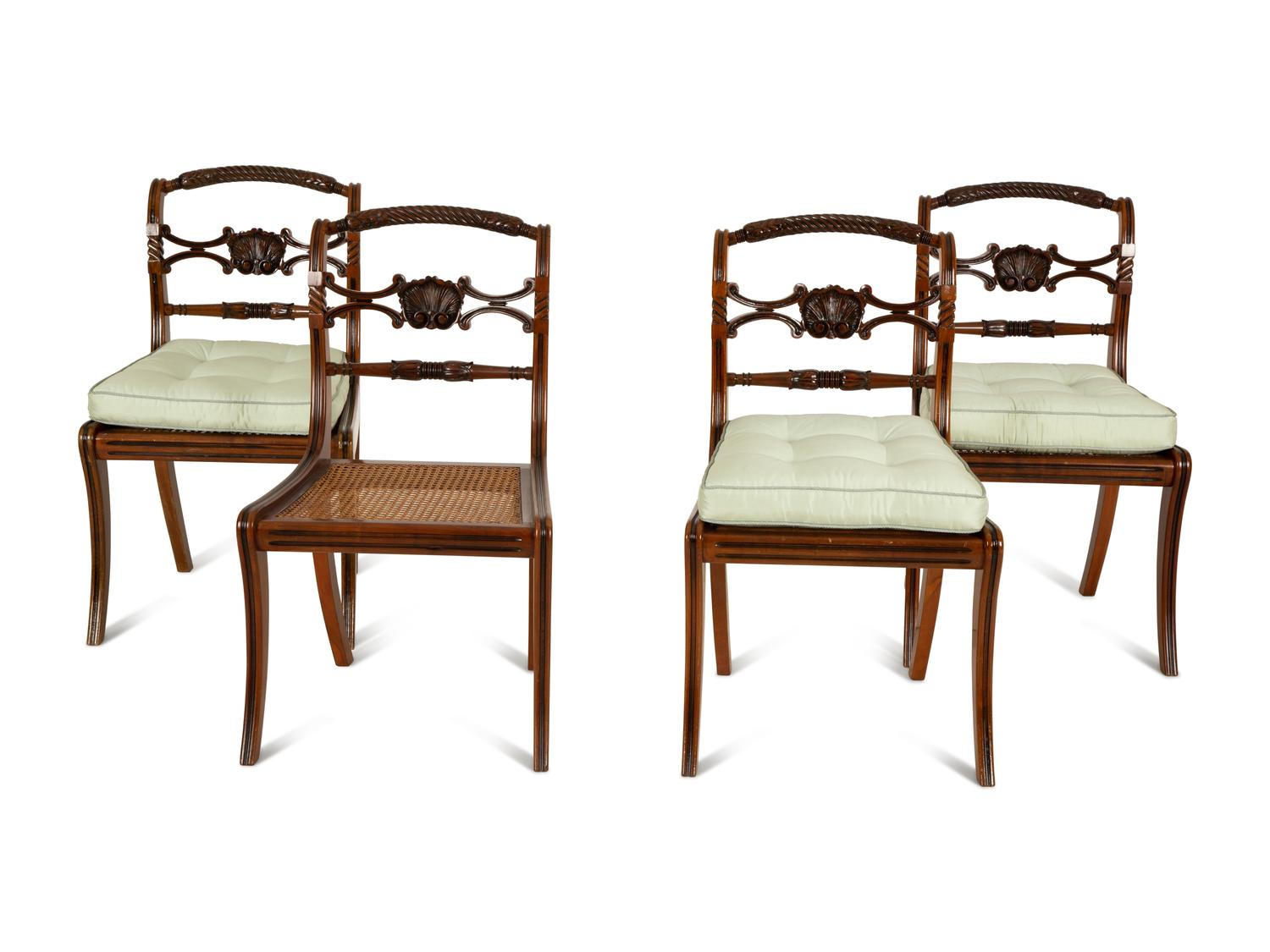 A Set of Six Regency Style Carved Mahogany Cane Seat Dining Chairs — 20th Century
