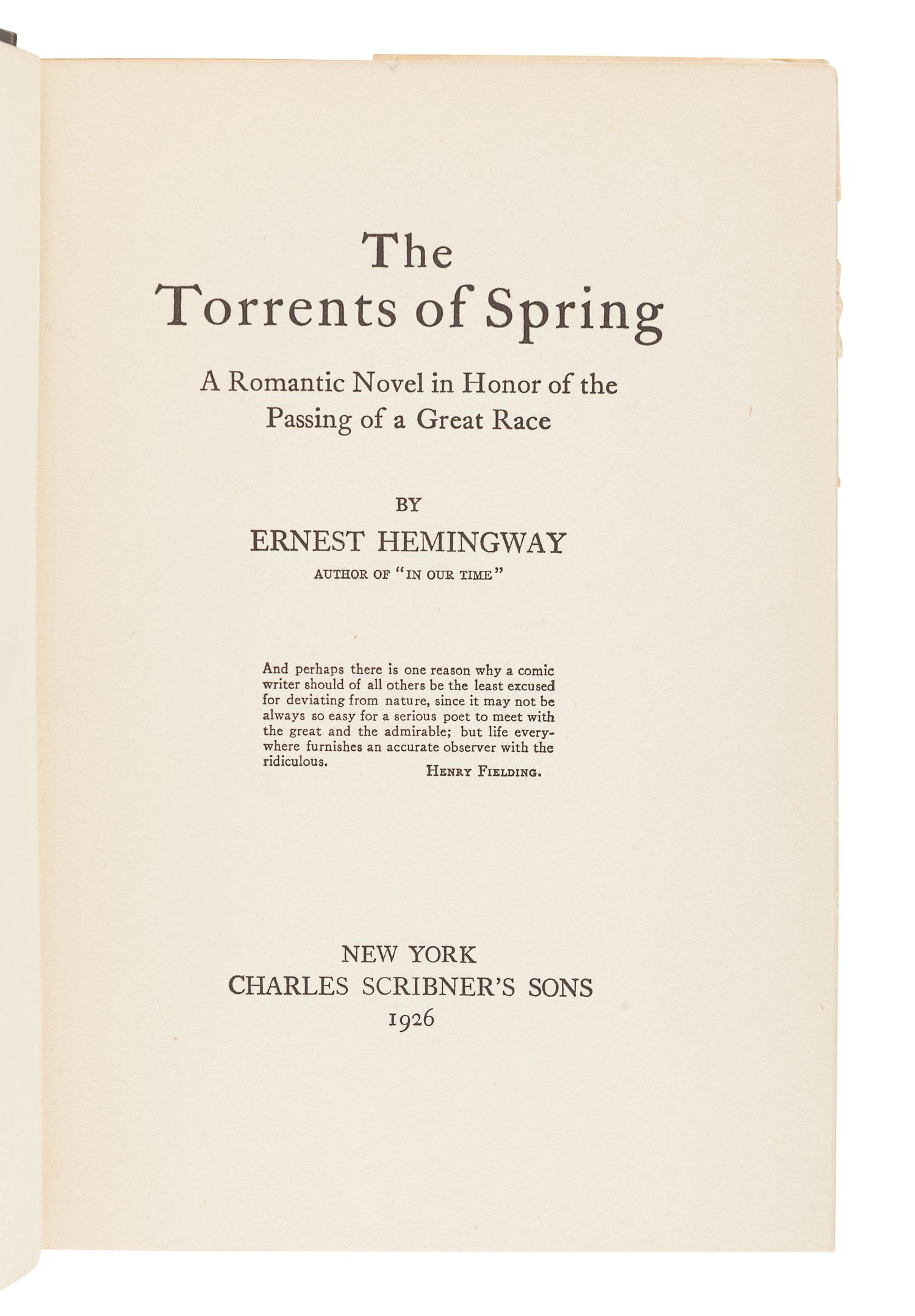 HEMINGWAY, Ernest (1899-1961). The Torrents of Spring. New York: Scribner's, 1926.