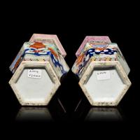A Pair of Chinese Famille Rose Porcelain Hexagonal 'Bogu' Vases, 19th Century — 清晚期 粉彩博古圖六方瓶一對