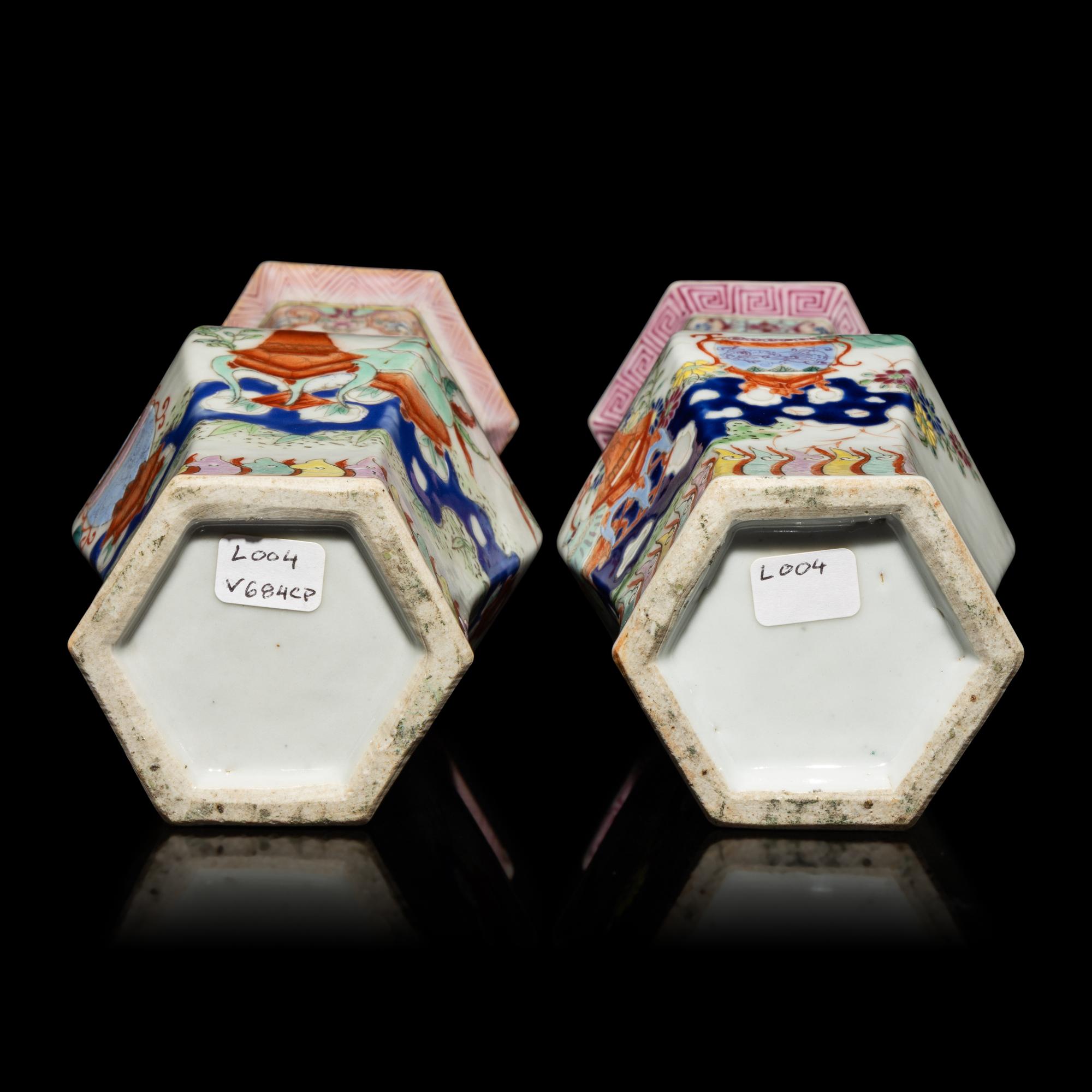 A Pair of Chinese Famille Rose Porcelain Hexagonal 'Bogu' Vases, 19th Century — 清晚期 粉彩博古圖六方瓶一對