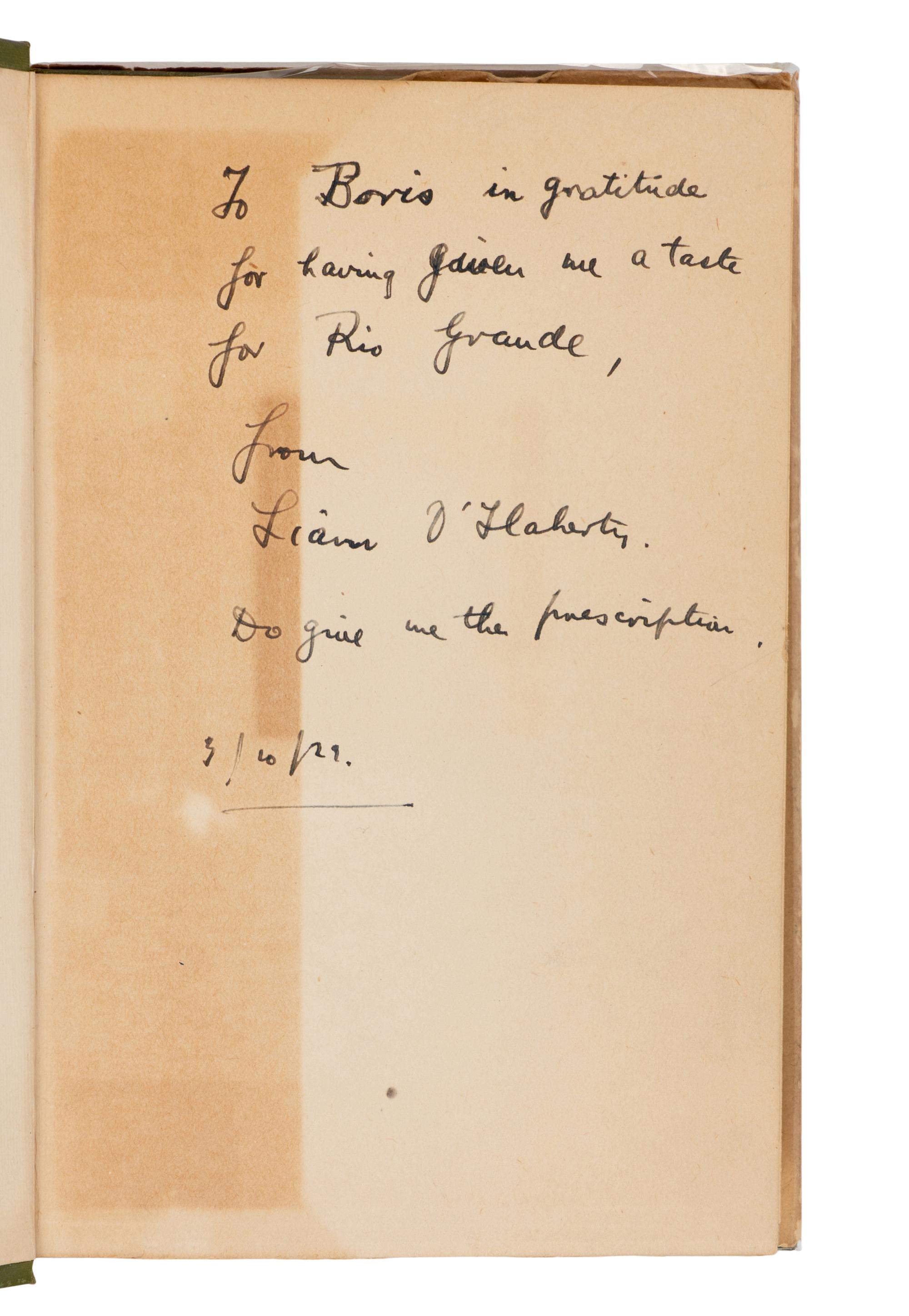O'FLAHERTY, Liam (1896-1984). A group of 3 FIRST EDITIONS, comprising: