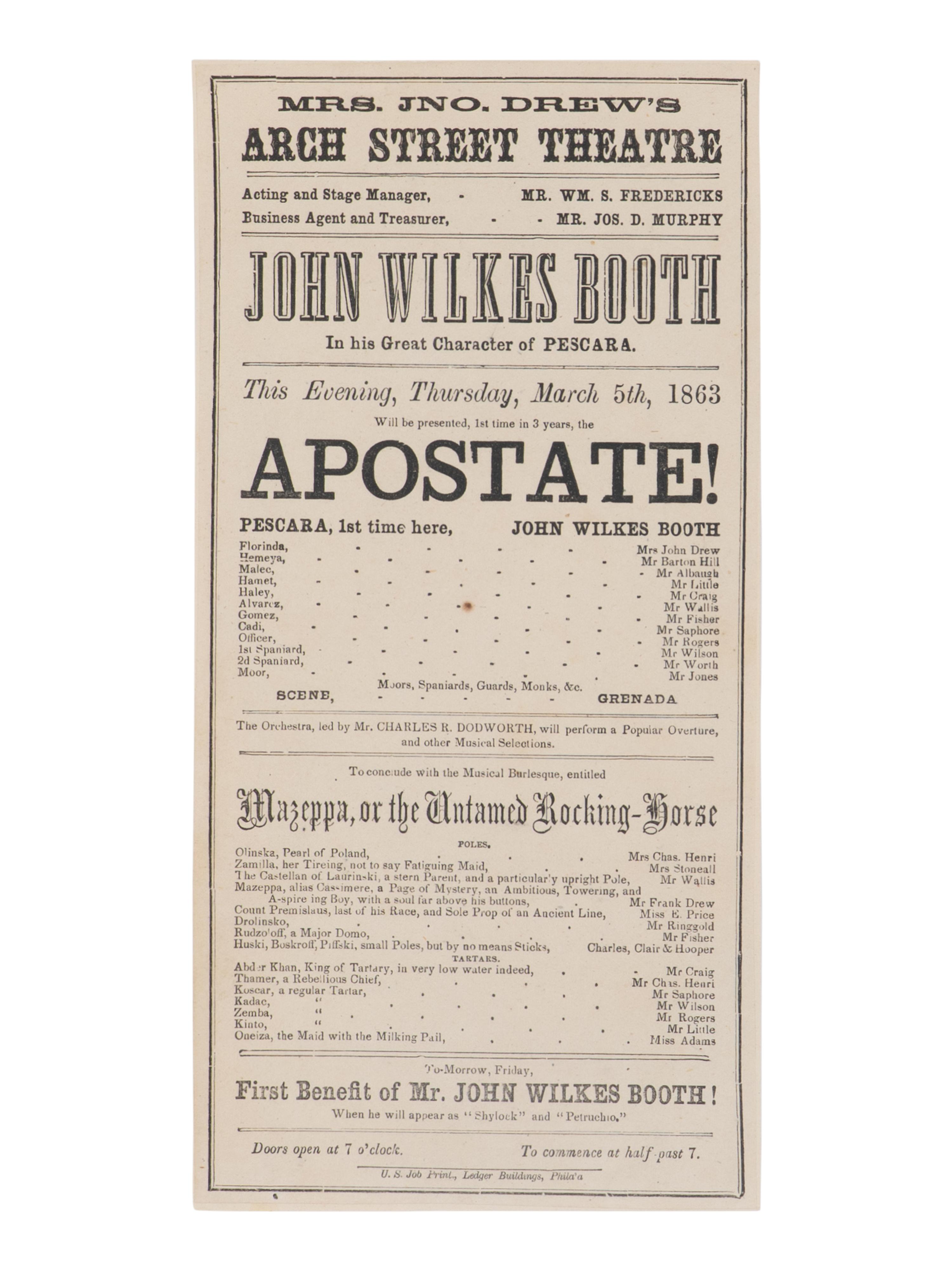 [BOOTH, John Wilkes (1838-1865)]. A broadside playbill for Booth's performance as Pescara in The Apostate at the Arch Street Theatre, Philadelphia, 5 March 1863.