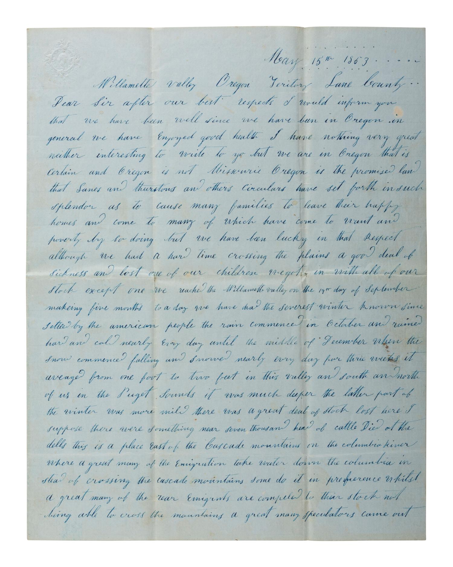[WESTWARD EXPANSION]. Letter describing the Oregon Territory and settler hardships, 1853.