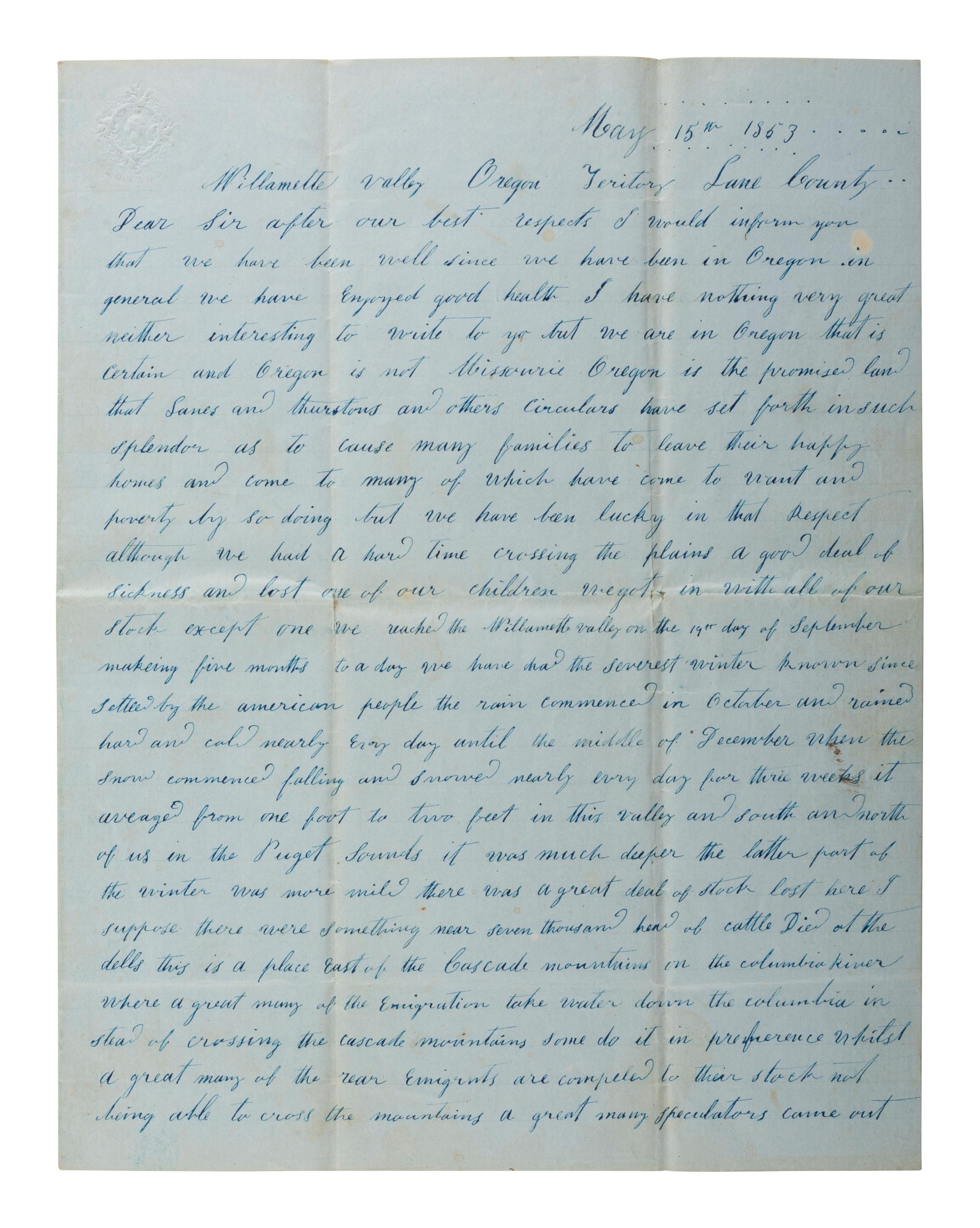 [WESTWARD EXPANSION]. Letter describing the Oregon Territory and settler hardships, 1853.