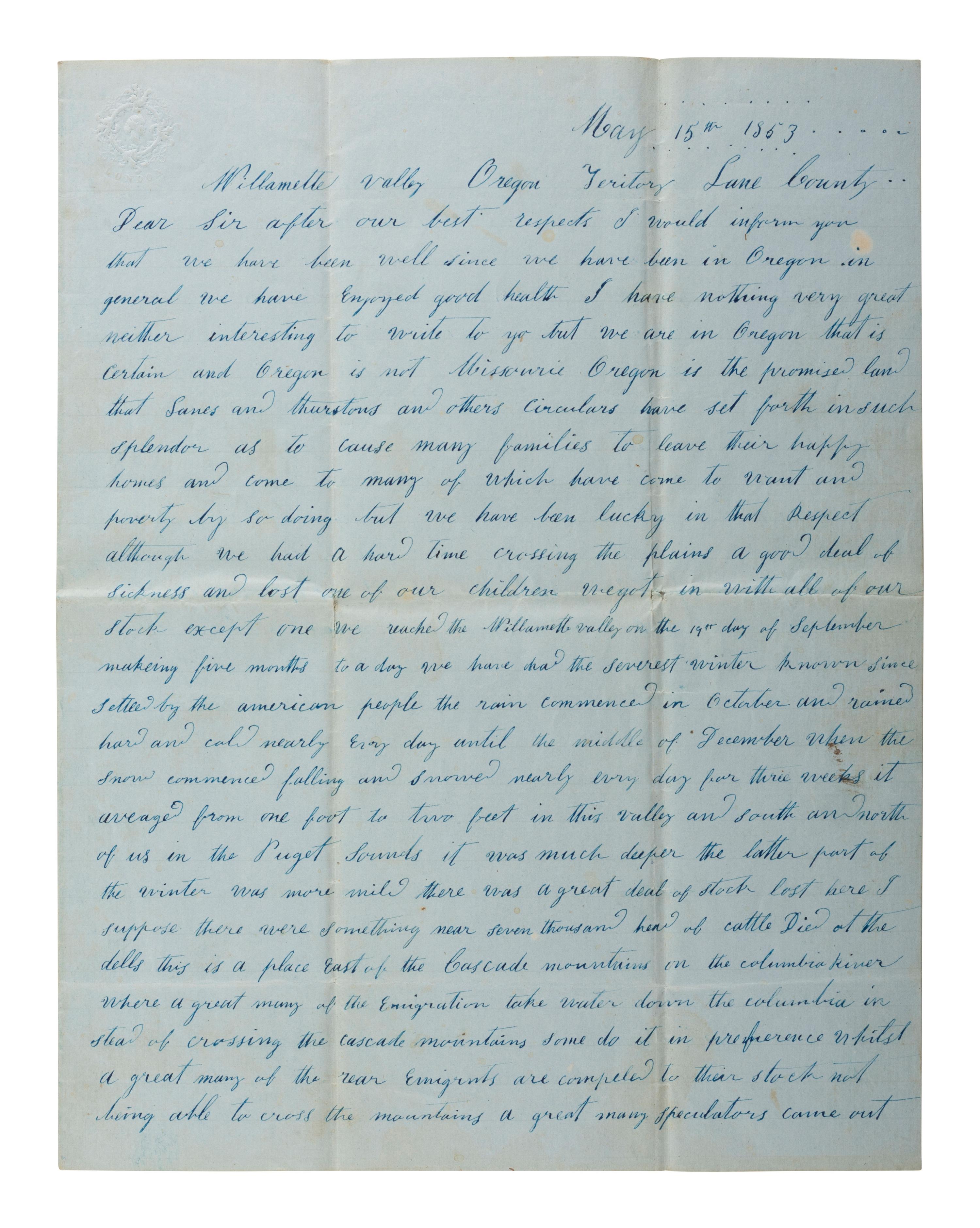 [WESTWARD EXPANSION]. Letter describing the Oregon Territory and settler hardships, 1853.